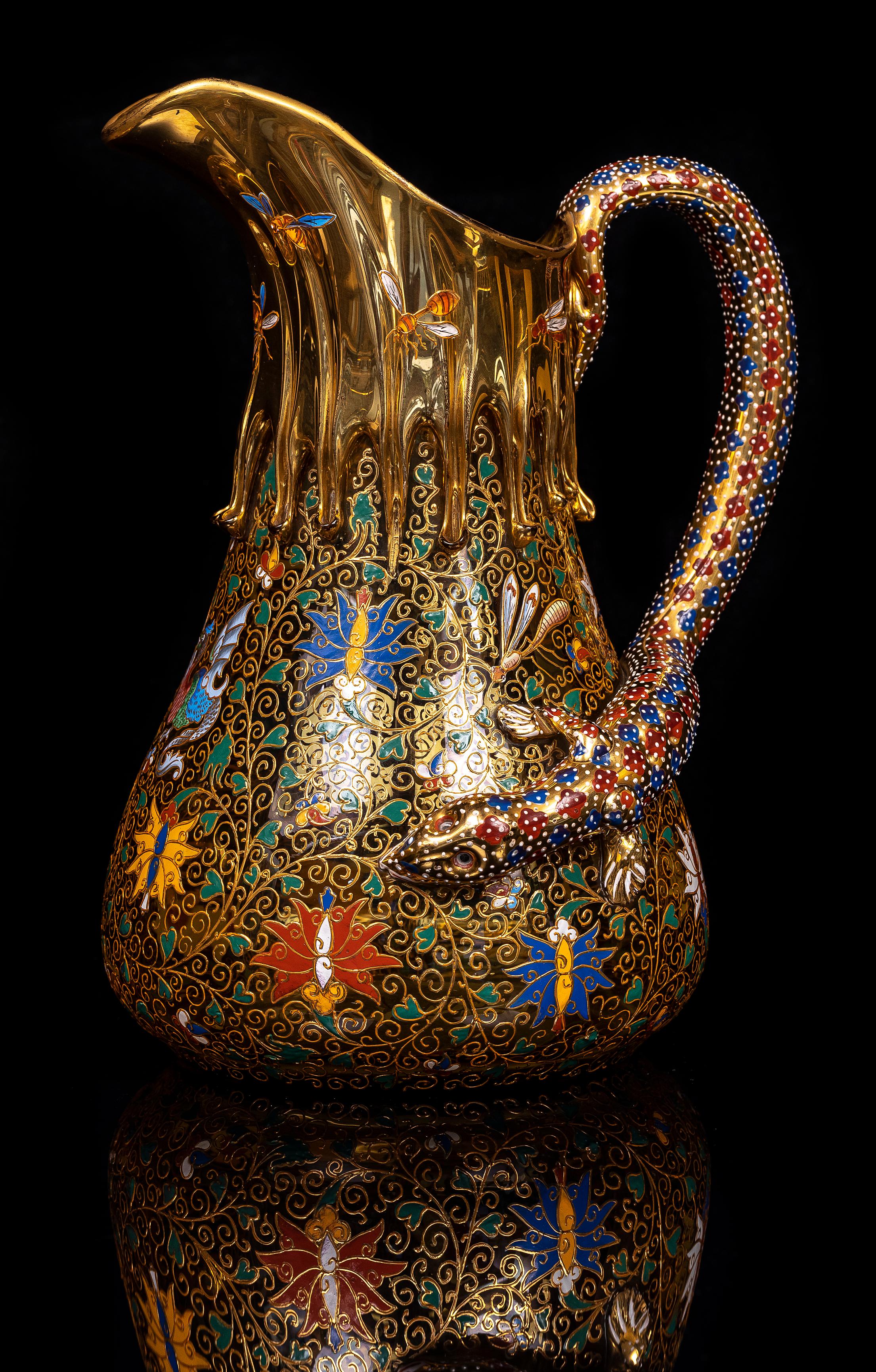 Seltener Moser-Bernstein-Kristallkrug & Basin mit emailliertem Drachen- und Salamandergriff (Handgeschnitzt) im Angebot