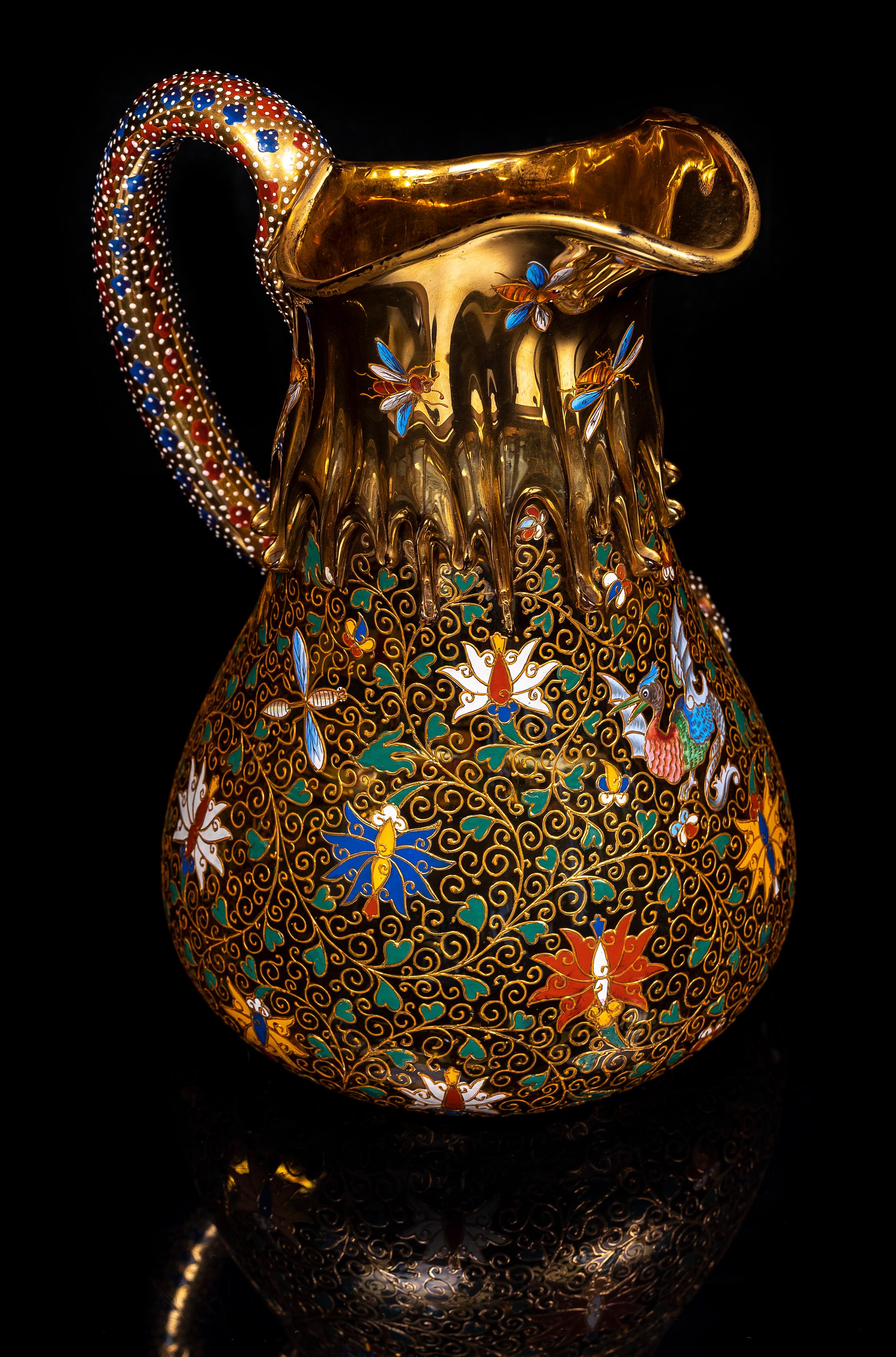 Seltener Moser-Bernstein-Kristallkrug & Basin mit emailliertem Drachen- und Salamandergriff im Angebot 1