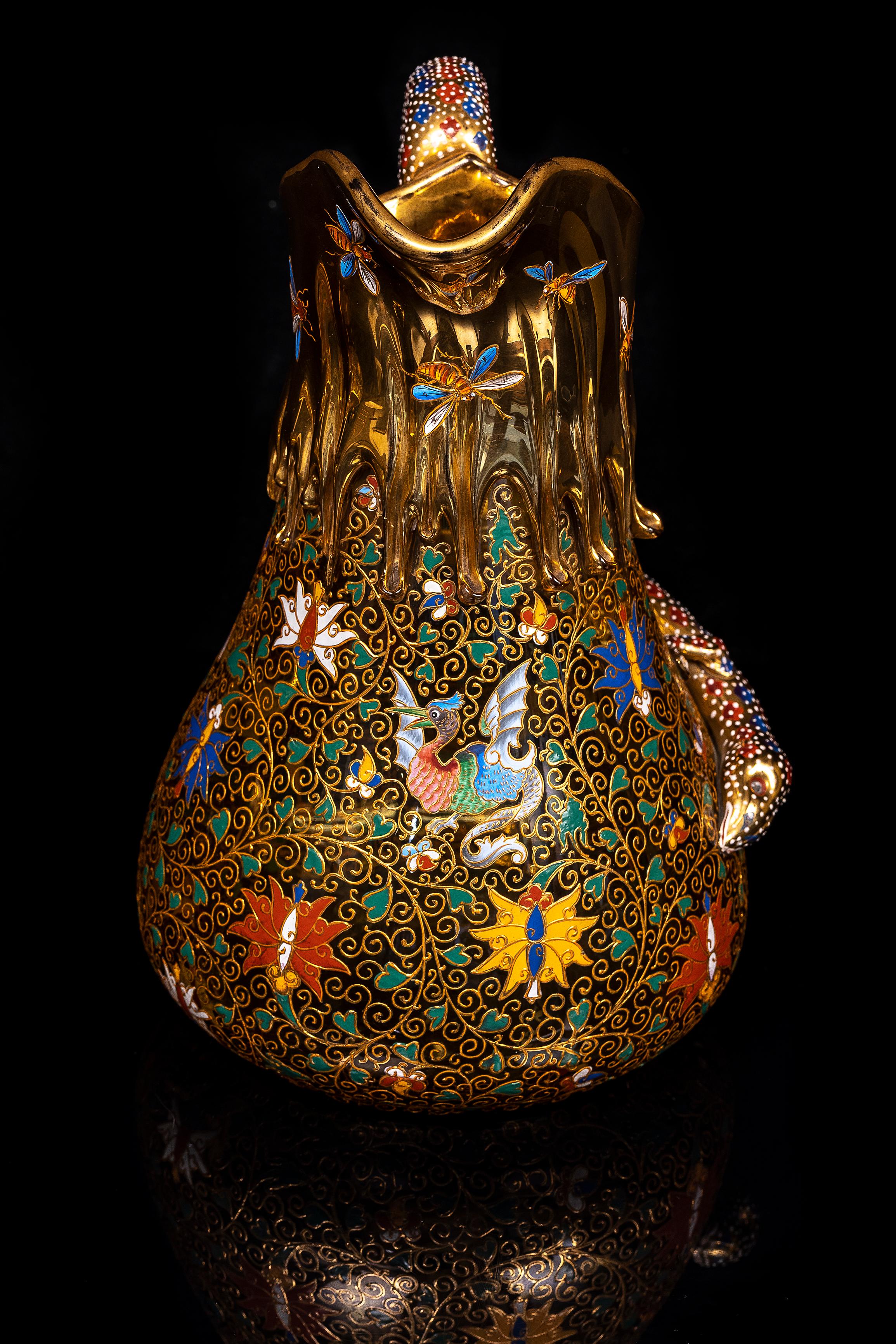 Seltener Moser-Bernstein-Kristallkrug & Basin mit emailliertem Drachen- und Salamandergriff im Angebot 2