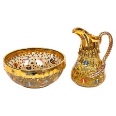 Rare Moser Amber Crystal Pitcher & Basin w/ Enameled Dragon & Salamander Handle