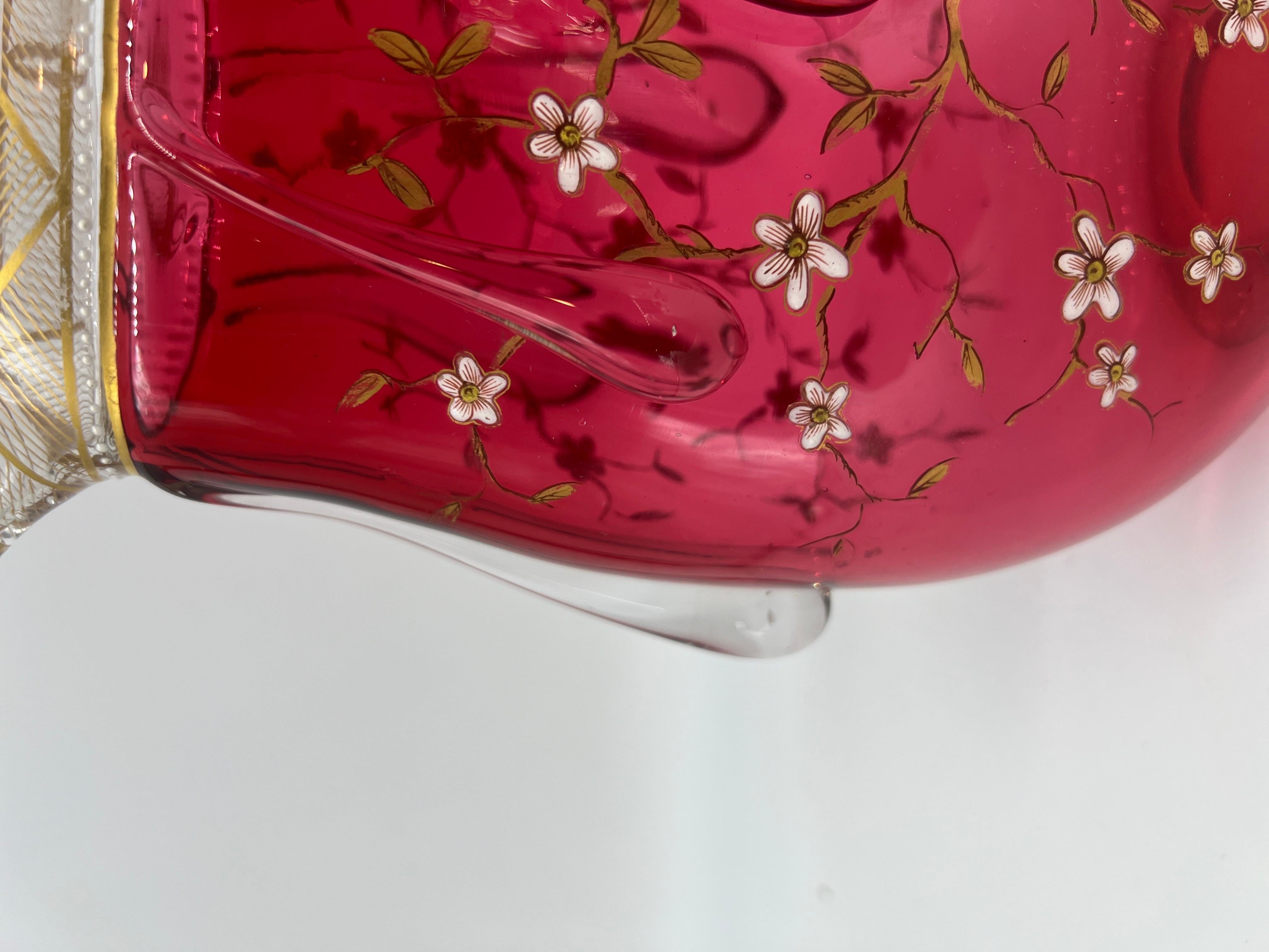 Seltene Moser Floral Emaille & Drip dekoriert Cranberry Art Glass Pitcher im Angebot 6