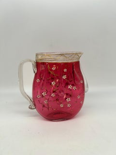 Rare Moser Floral Enamel & Drip Decorated Cranberry Art Glass Pitcher