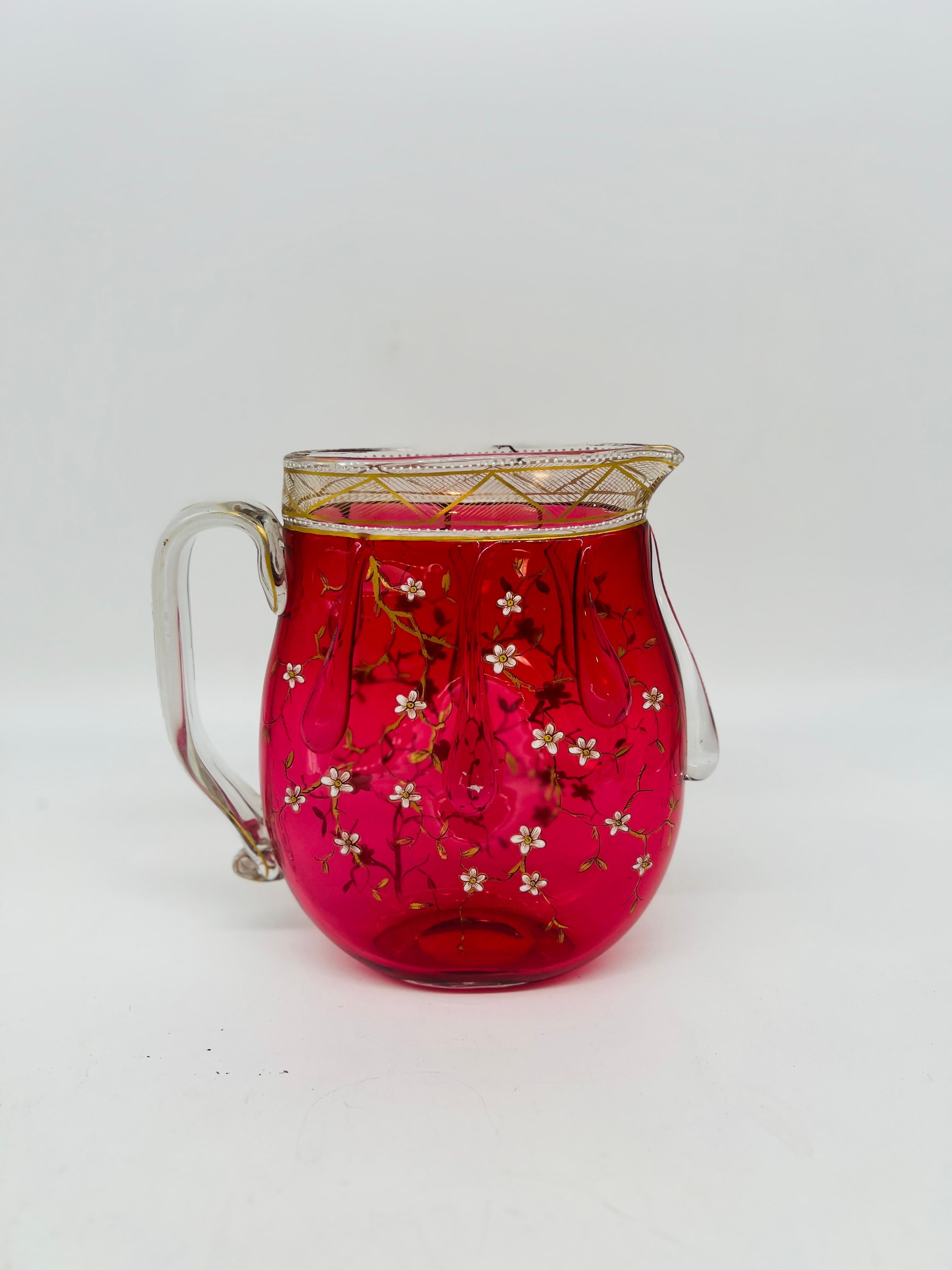 Austrian Rare Moser Floral Enamel & Drip Decorated Cranberry Art Glass Pitcher For Sale