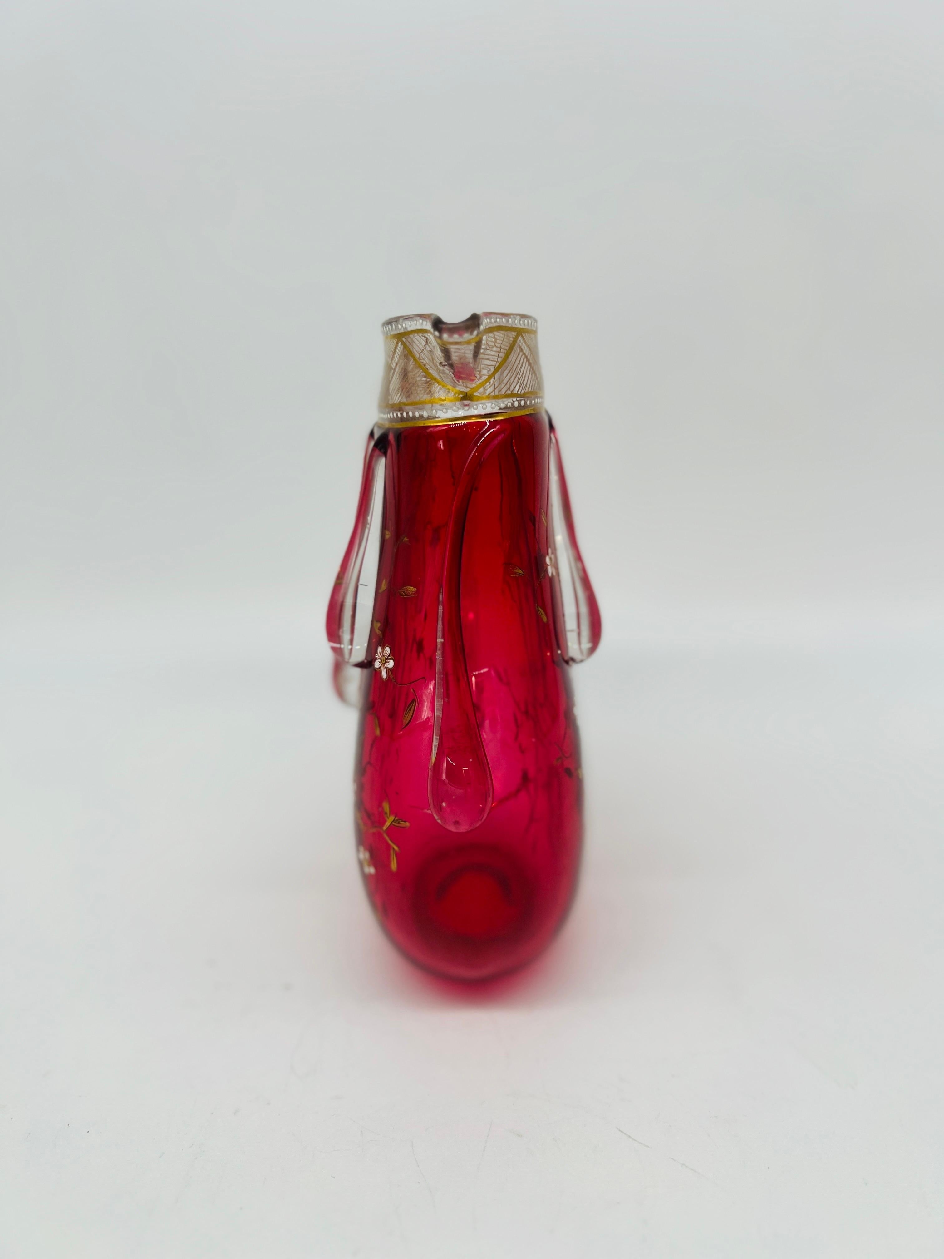 Rare Moser Floral Enamel & Drip Decorated Cranberry Art Glass Pitcher In Good Condition For Sale In Atlanta, GA