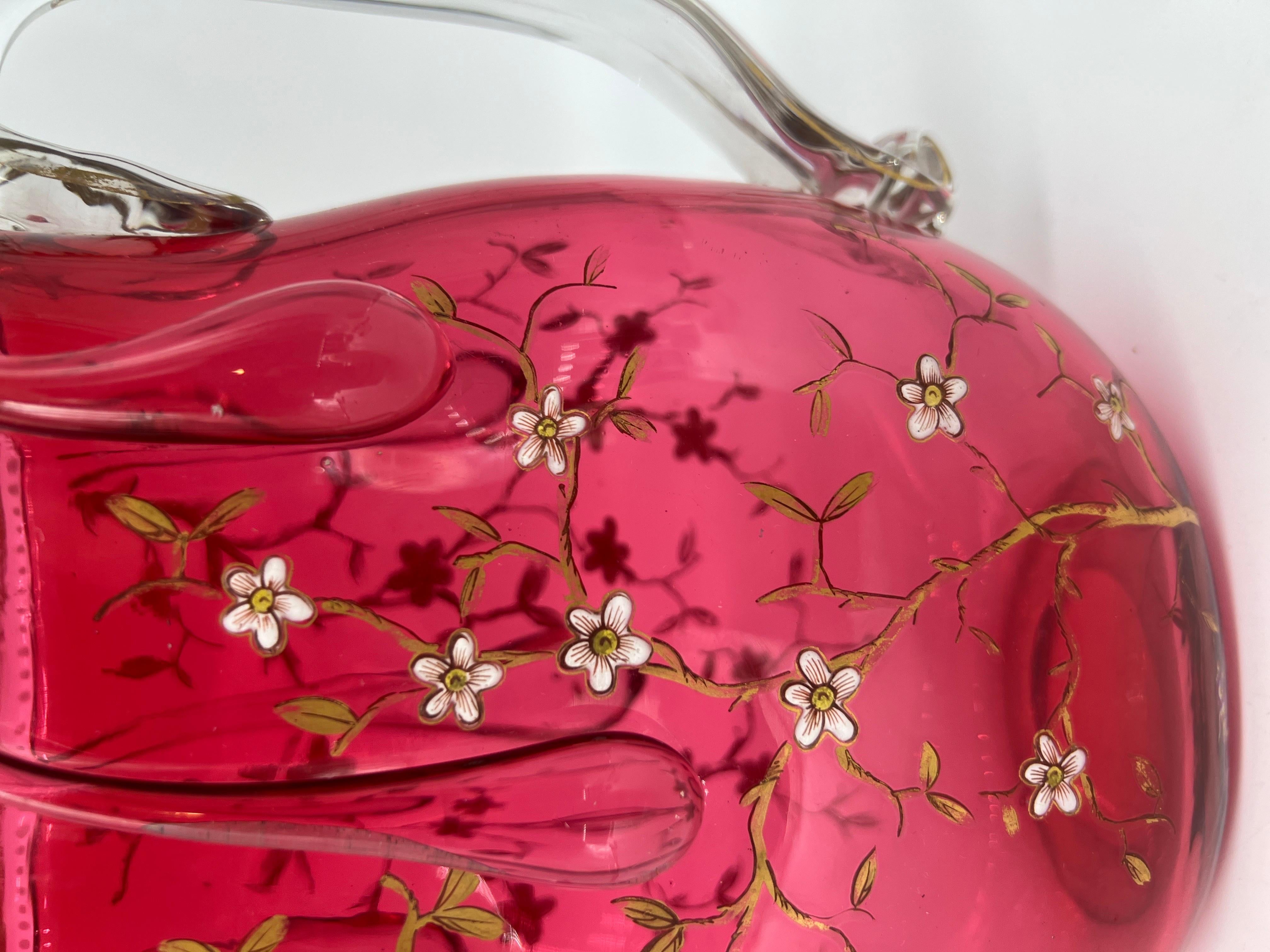 19th Century Rare Moser Floral Enamel & Drip Decorated Cranberry Art Glass Pitcher For Sale