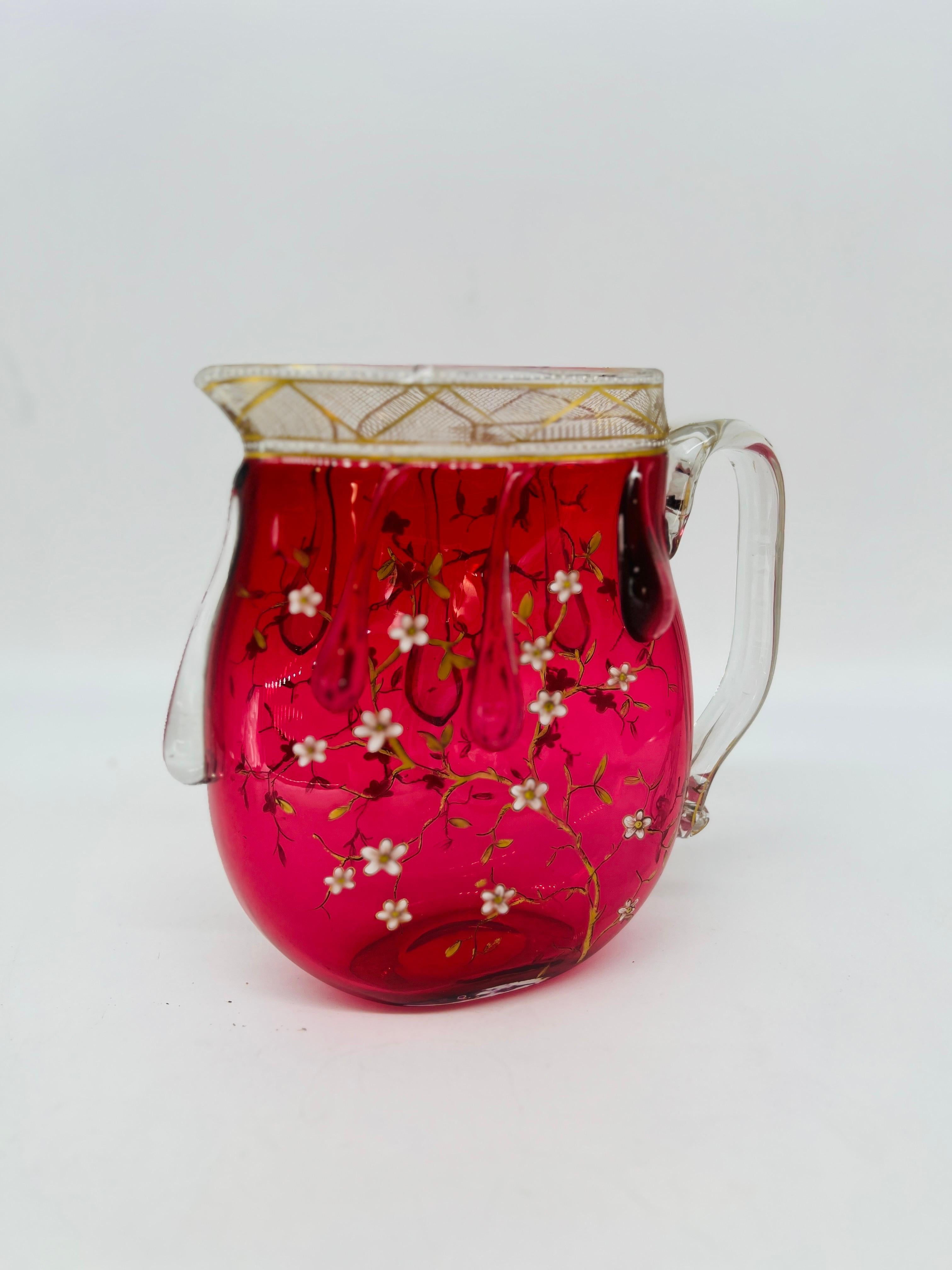 Rare Moser Floral Enamel & Drip Decorated Cranberry Art Glass Pitcher For Sale 1