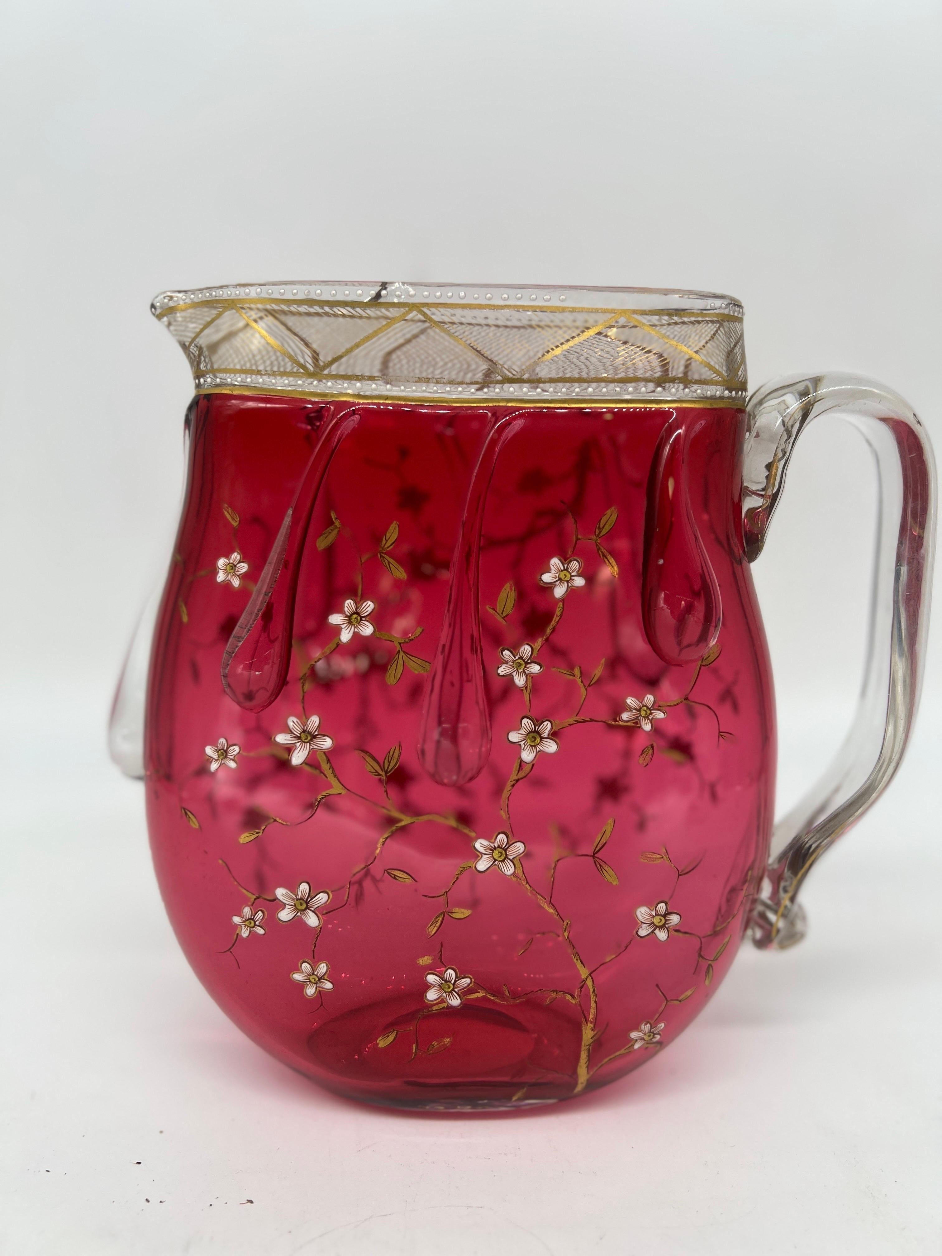 Rare Moser Floral Enamel & Drip Decorated Cranberry Art Glass Pitcher For Sale 2