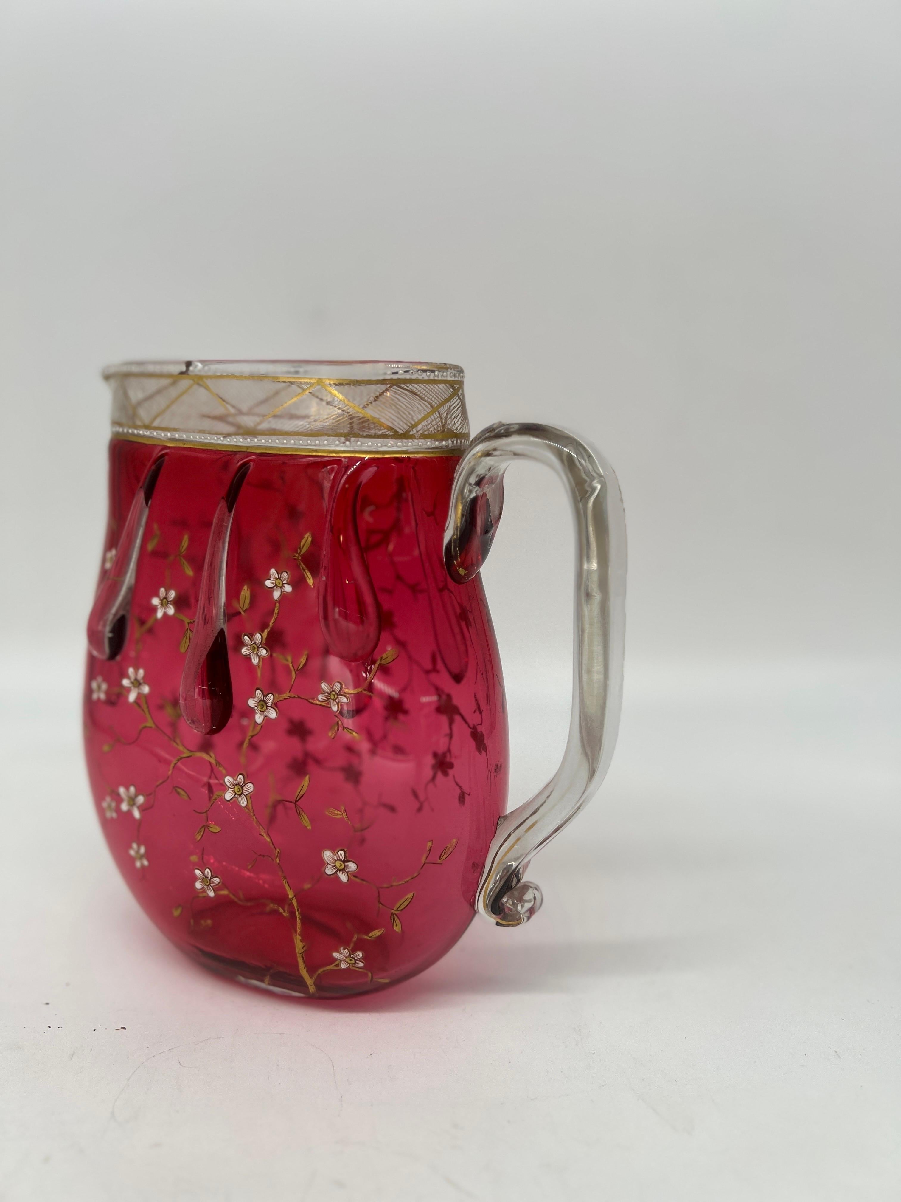 Rare Moser Floral Enamel & Drip Decorated Cranberry Art Glass Pitcher For Sale 3