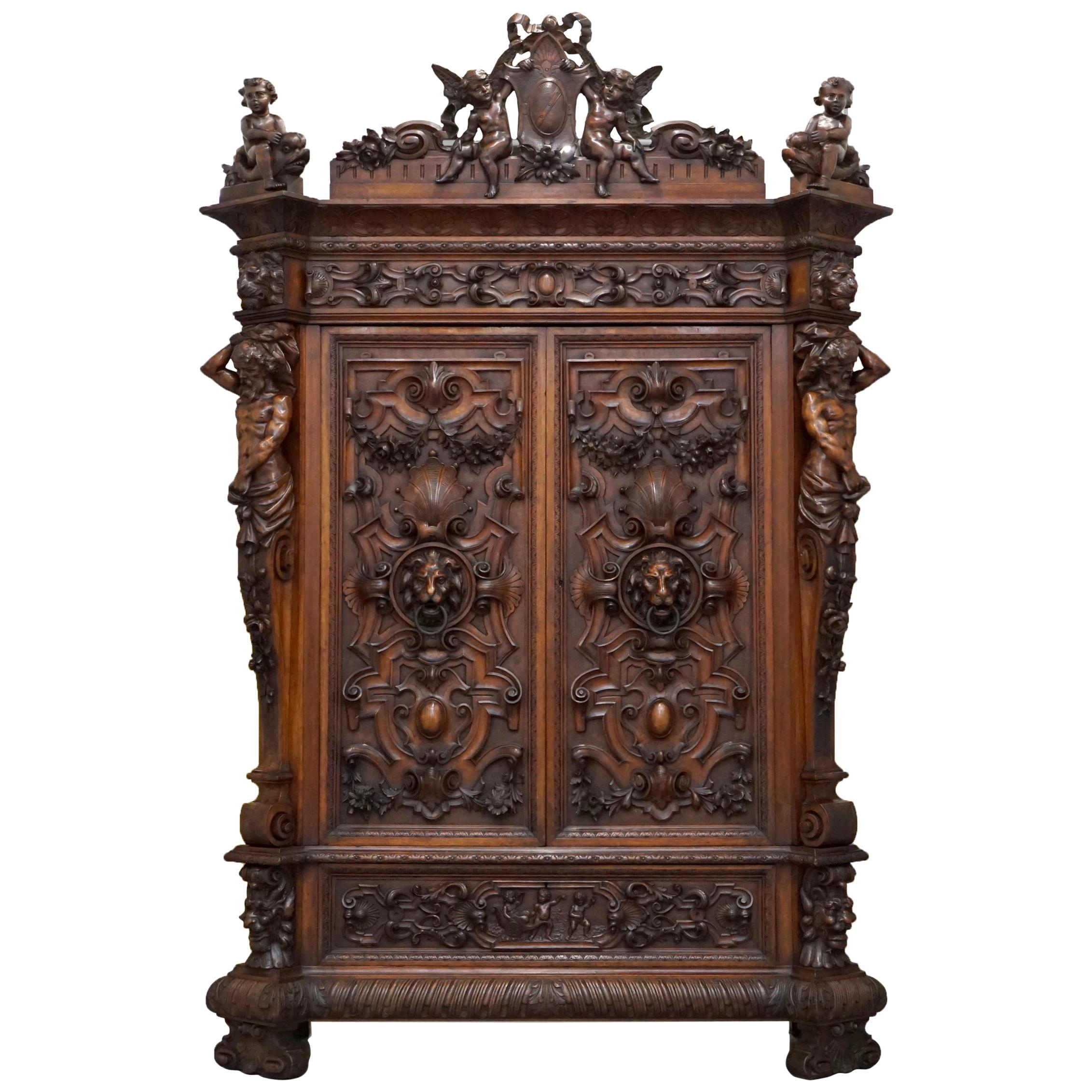 Rare Moses Michelangelo Guggenheim & Pauly Cie Et Venice Antique Carved Armoire For Sale