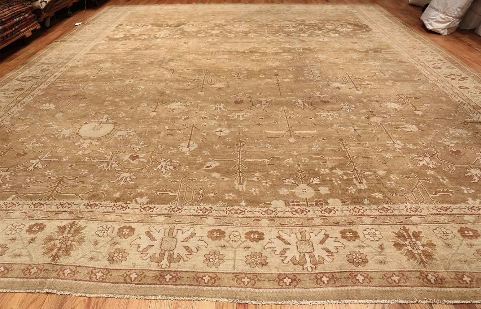 Rare Moss Green Antique Indian Amritsar Rug, Country of Origin: India, Circa Date: Early 20th Century. Size: 15 ft x 17 ft (4.57 m x 5.18 m)

The gorgeous earthy browns of this Indian Amritsar carpet from the early 20th century are the perfect