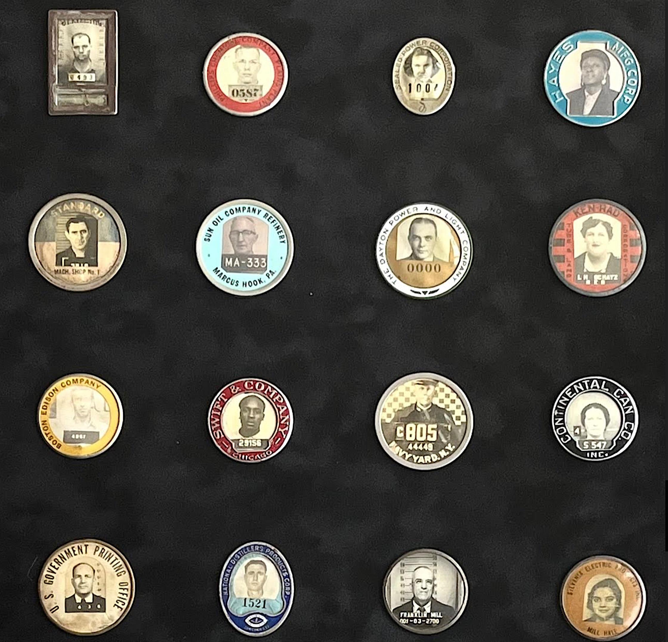 Rare Mounted Collection of Antique Employee Badges In Good Condition In Bridport, CT