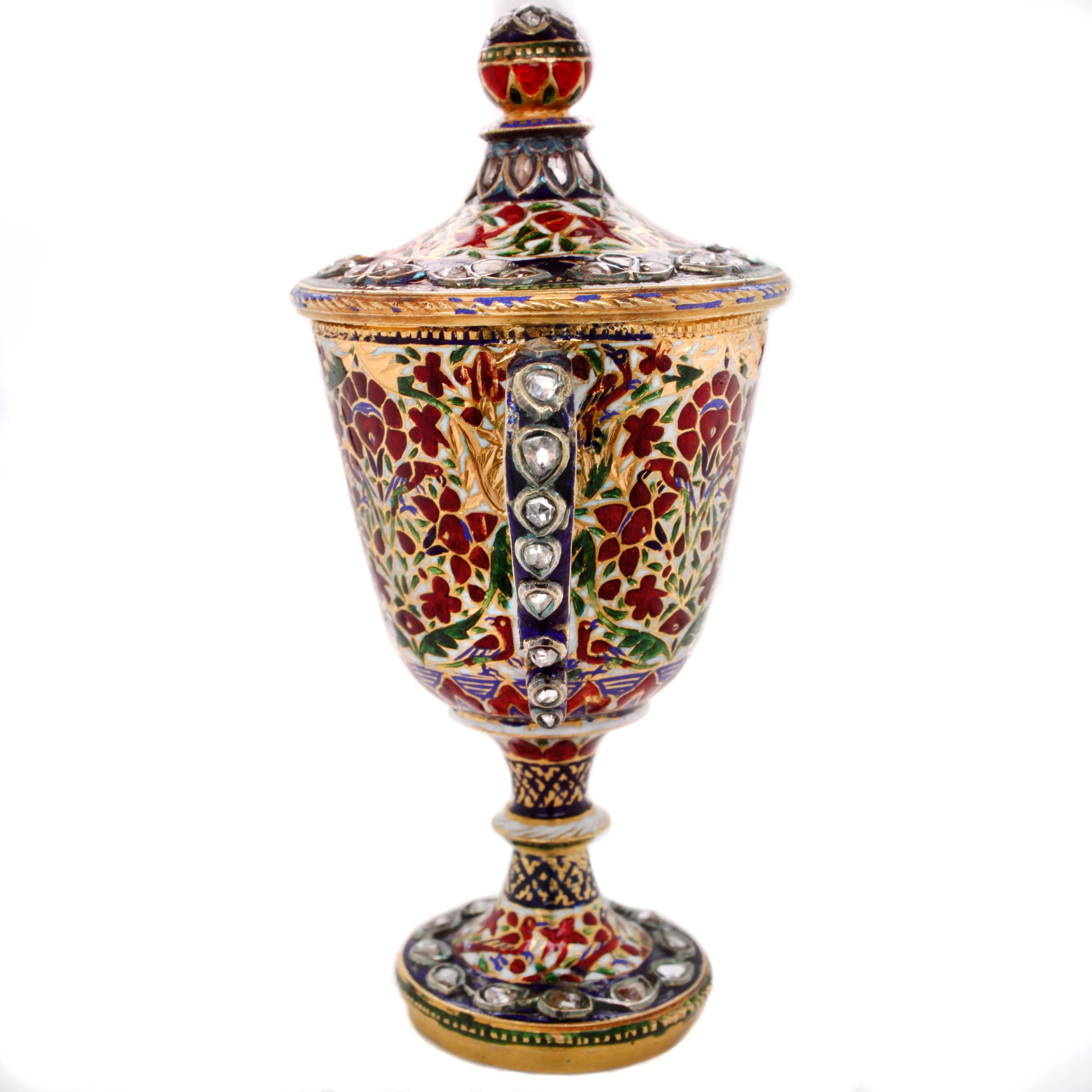 Rose Cut Rare Mughal Enamel and Diamond Cup, Early 19th Century For Sale
