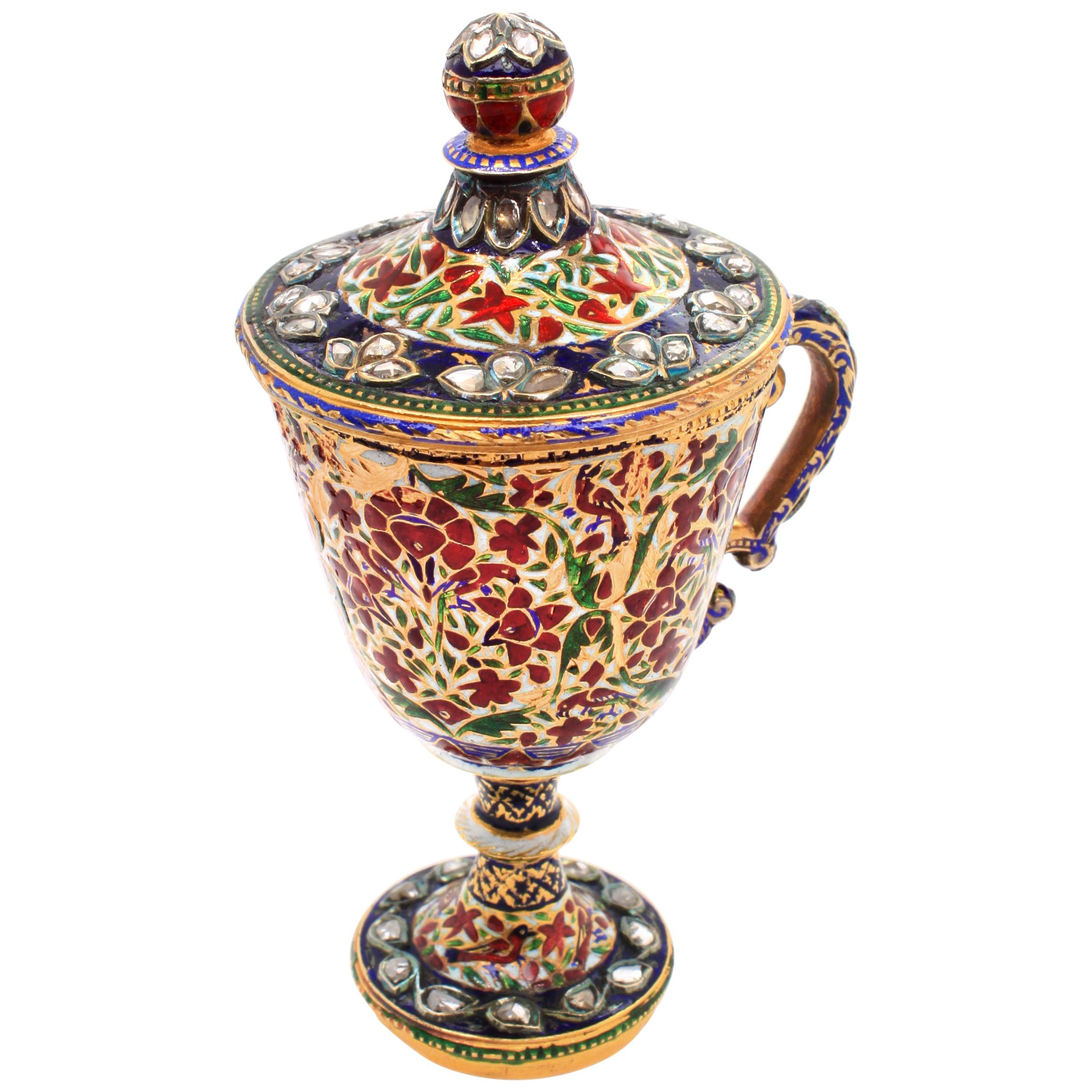 Rare Mughal Enamel and Diamond Cup, Early 19th Century For Sale