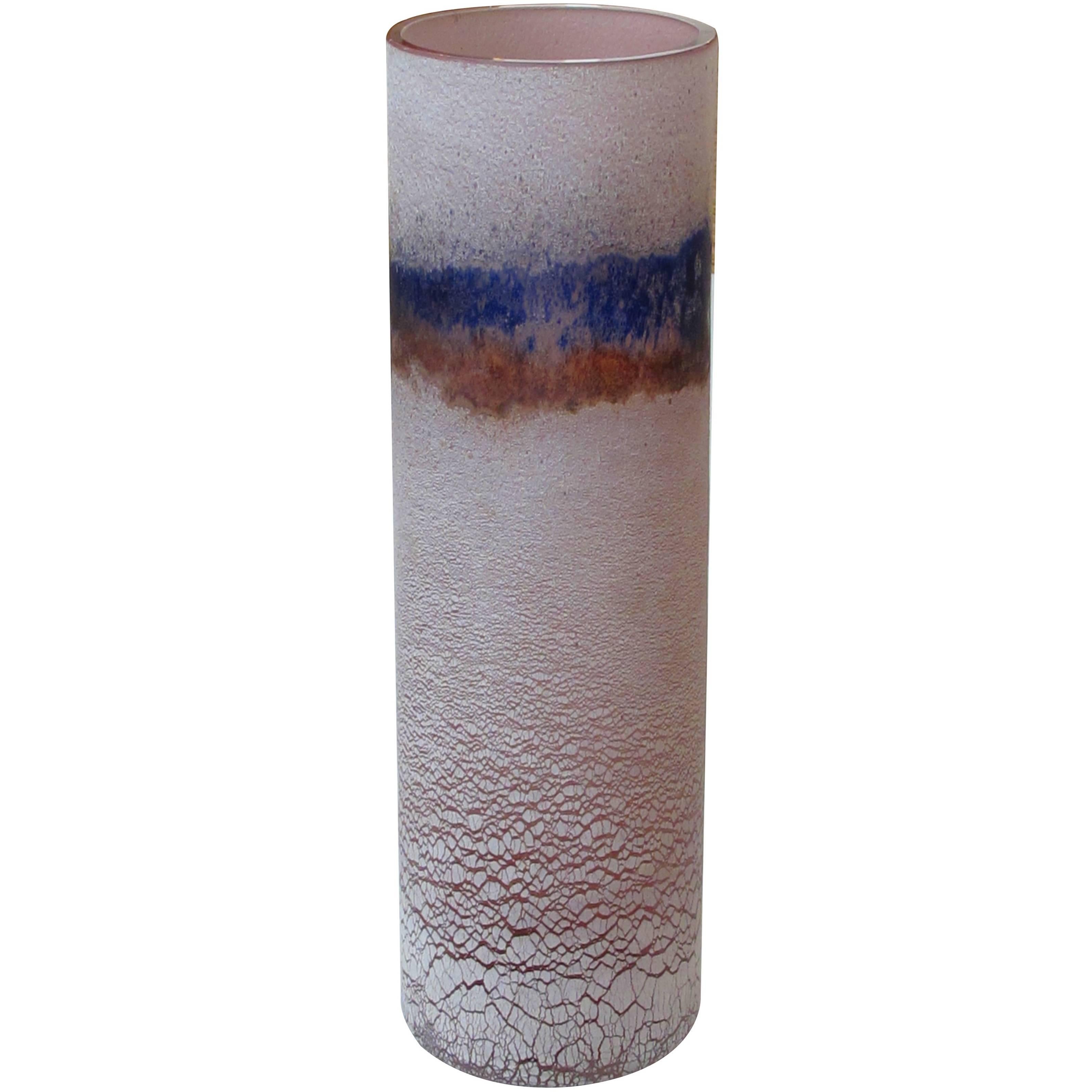 Rare Murano 1960s Alfredo Barbini 'Scavo' Glass Cylindrical Vase; Signed