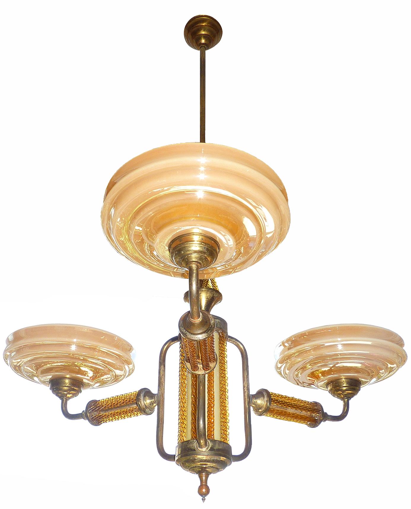 Gorgeous unusual large antique Italian Murano Art Nouveau Art Deco iridescent opaline glass and amber crystal ornate tubes, brass chandelier.
It holds four-light bulbs, one in the center,
Measures:
Diameter 31.5 in / 80 cm
Height 43.3 in ; 110