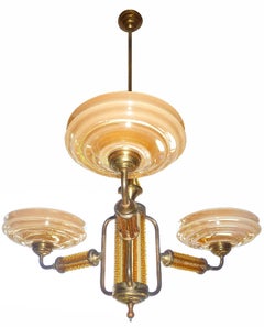 Rare Murano Art Deco Iris Opal Glass Amber Crystal Brass 4-Light Chandelier