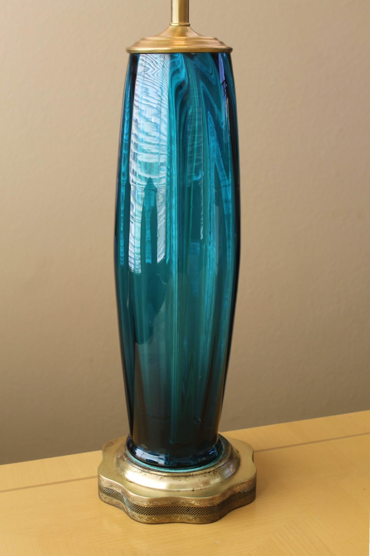 Mid-Century Modern Rare! Murano Blue Glass Mid Century Table Lamp! Italian Decorator Lighting Style For Sale