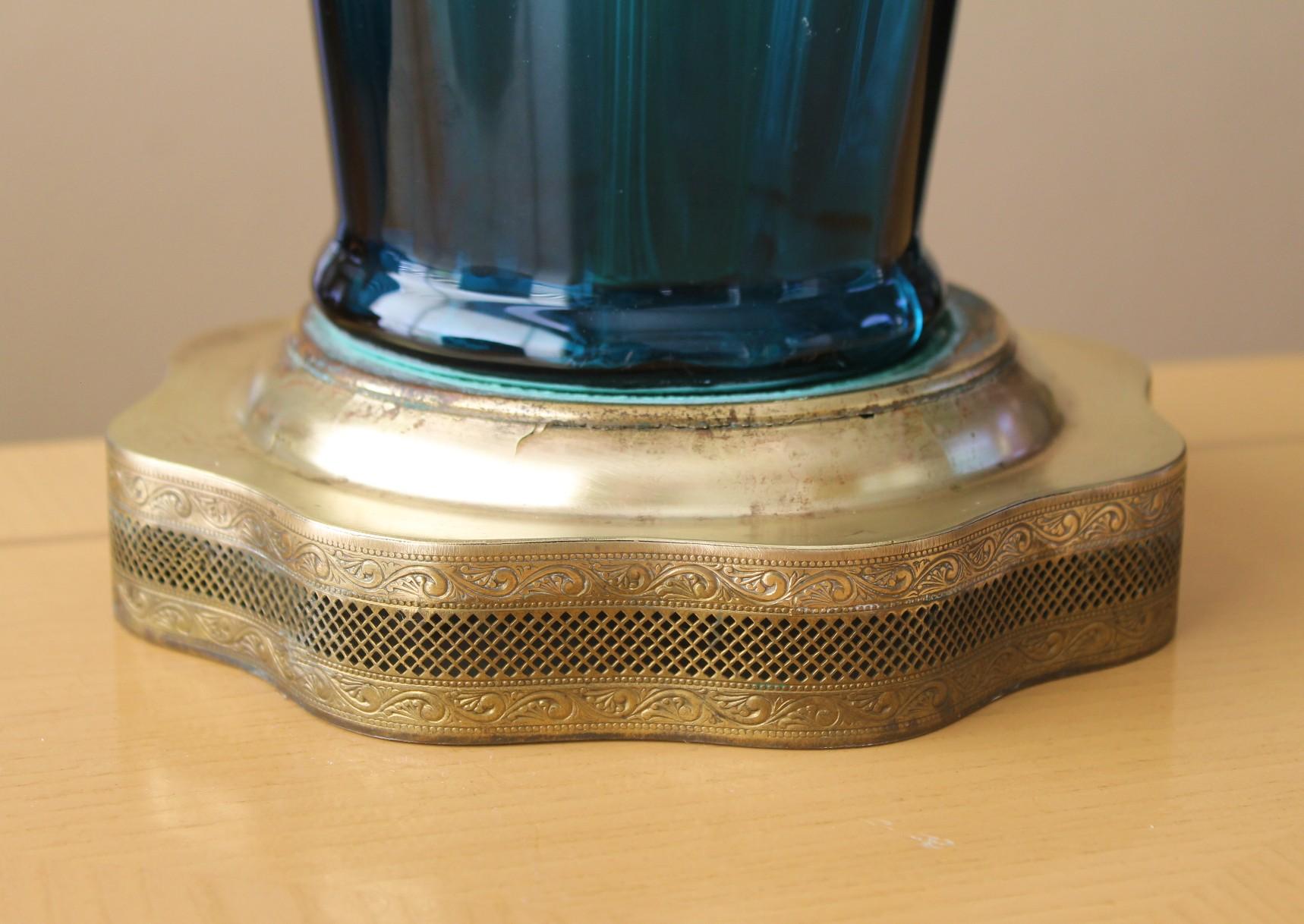 Metal Rare! Murano Blue Glass Mid Century Table Lamp! Italian Decorator Lighting Style For Sale