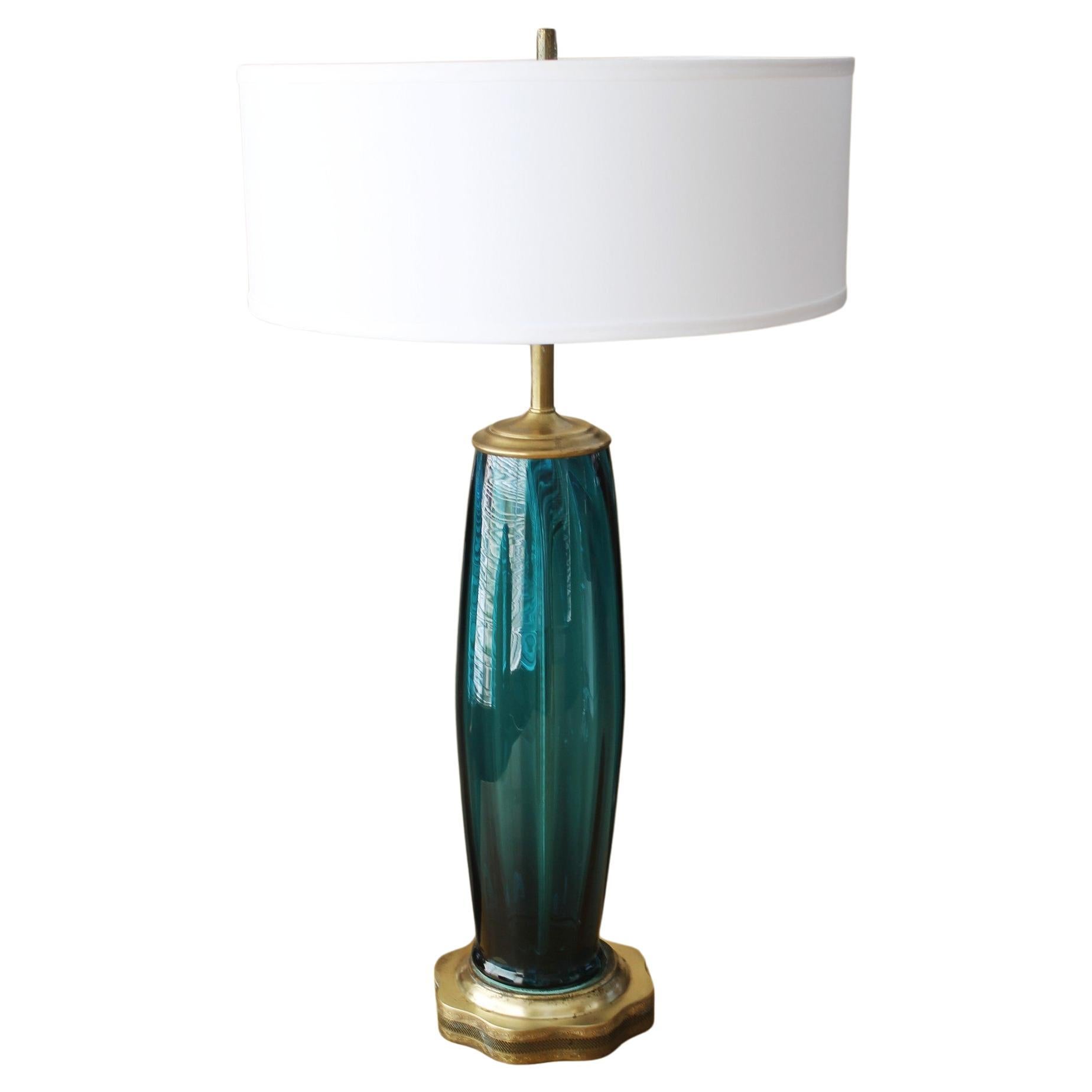 Rare! Murano Blue Glass Mid Century Table Lamp! Italian Decorator Lighting Style For Sale