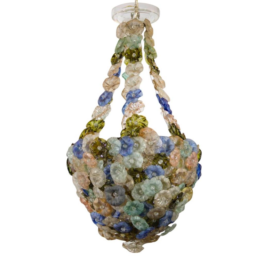 Pressed Rare Murano Chandelier with Glass Flowers, circa 1900 For Sale