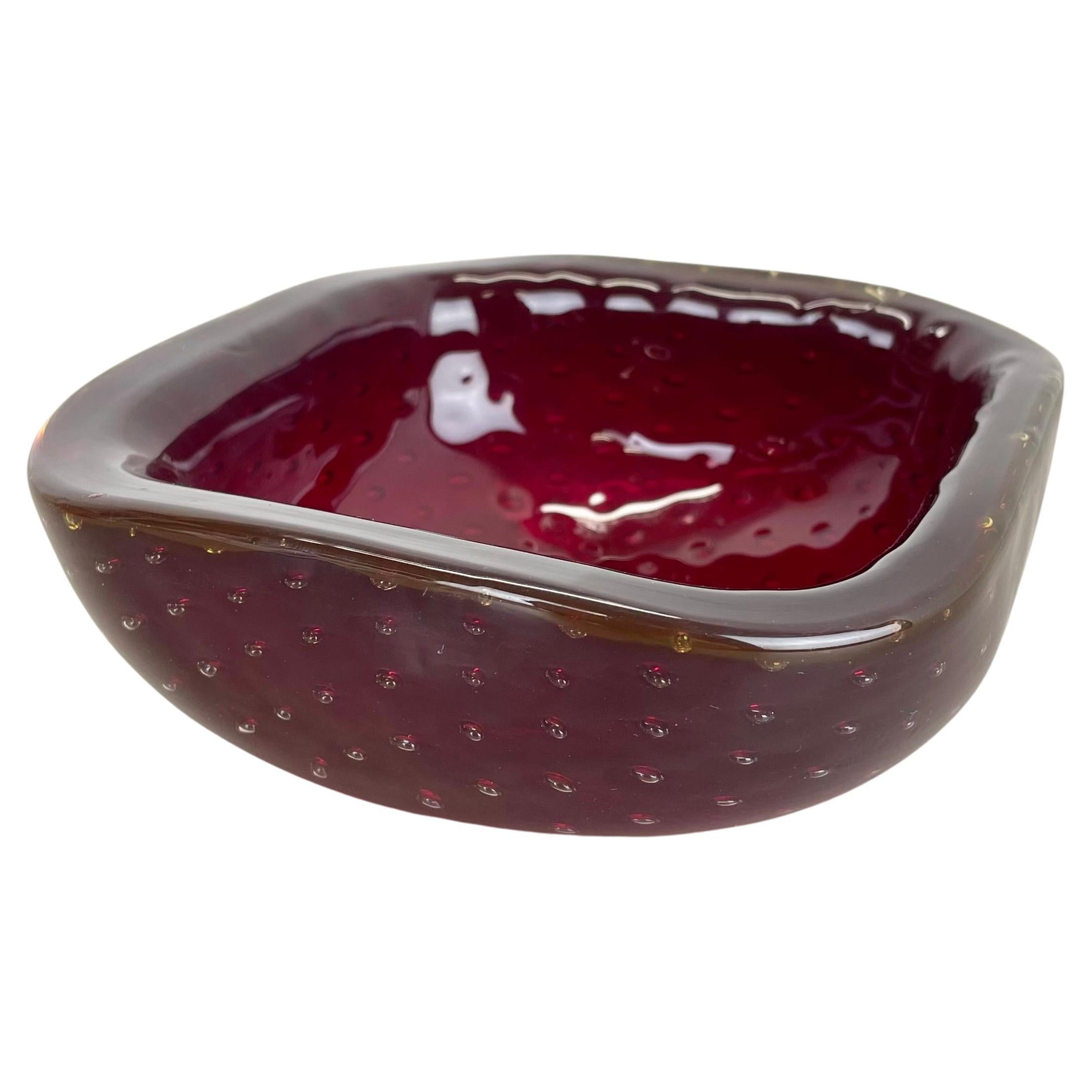 raro cristal de murano bullicante rojo oscuro burbuja cuenco elemento concha Italia 1970
