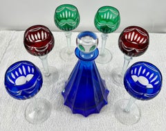 Rare Murano Glass Decanter in Cobalt Blue with Jewel-Tone StemGlasses Set, 7 Pcs