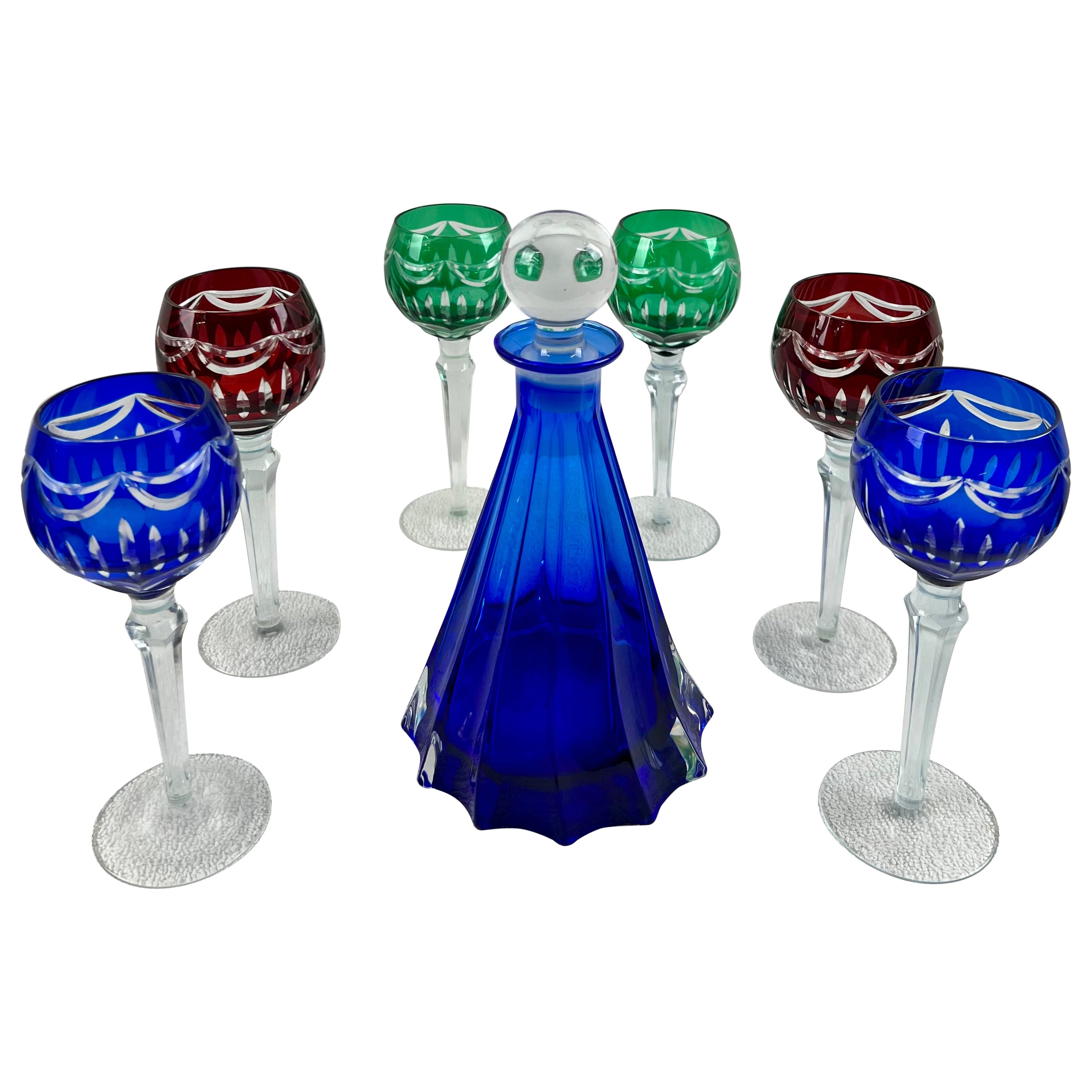 Rare Murano Glass Decanter in Cobalt Blue with Jewel-Tone StemGlasses Set, 7 Pcs For Sale
