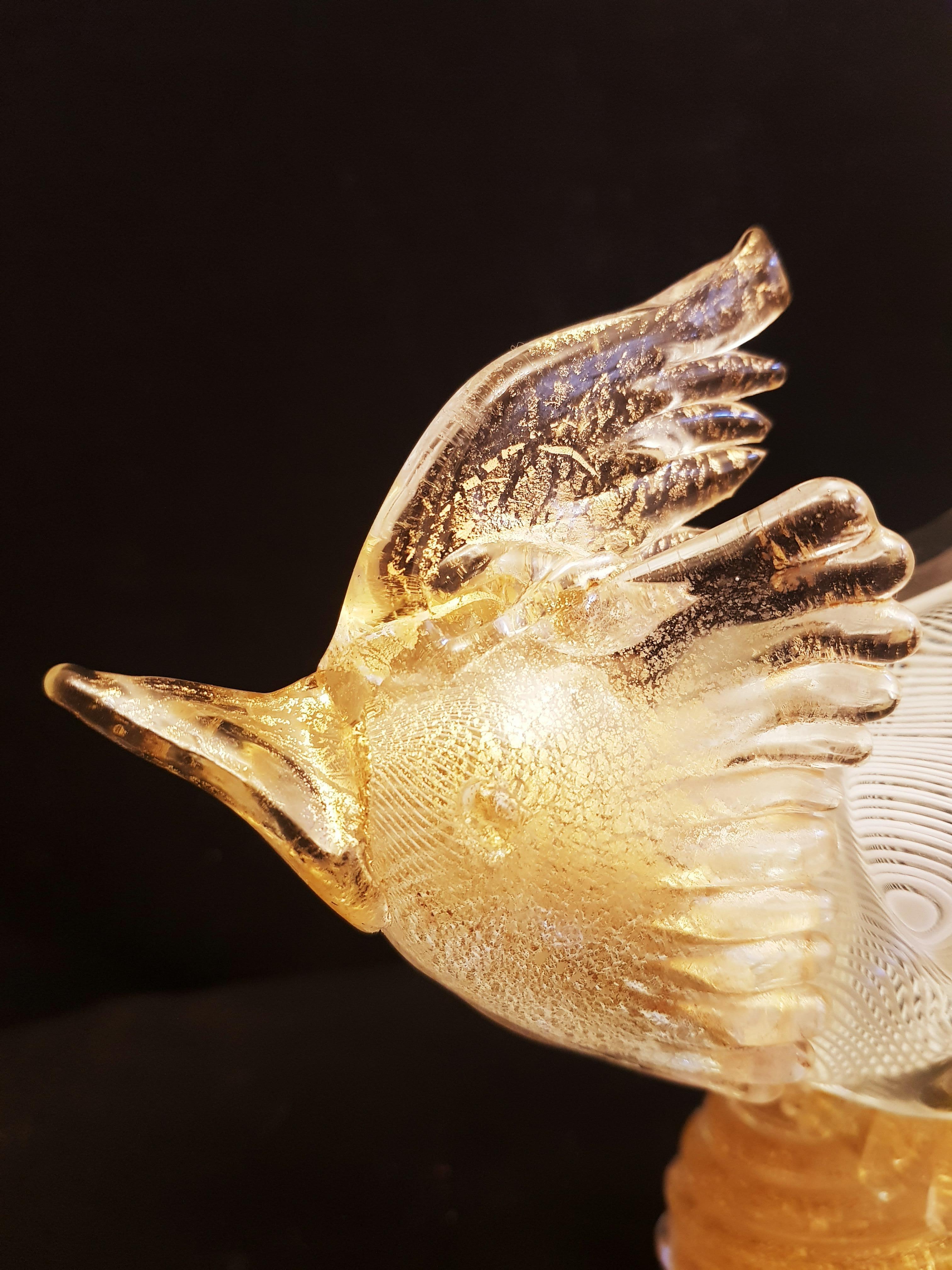 Italian Rare Murano Glass Large Pheasant Reticello with Gold Leaf