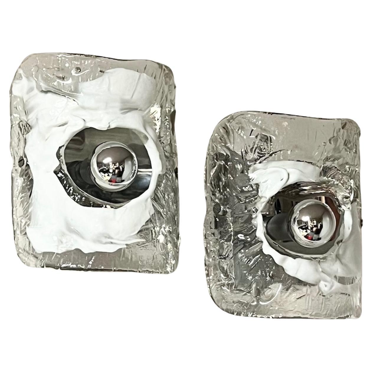 Rare Murano Vintage 70s Lamps in Frosted Ice Glass Nason Mazzega Style