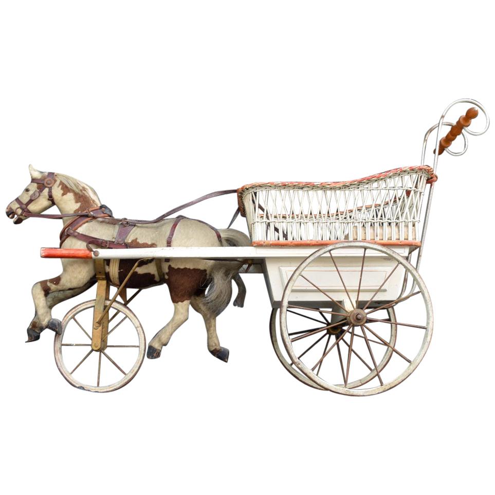 Rare Museum 19th Century Horse and Wicker Childs Push Along Carriage 
