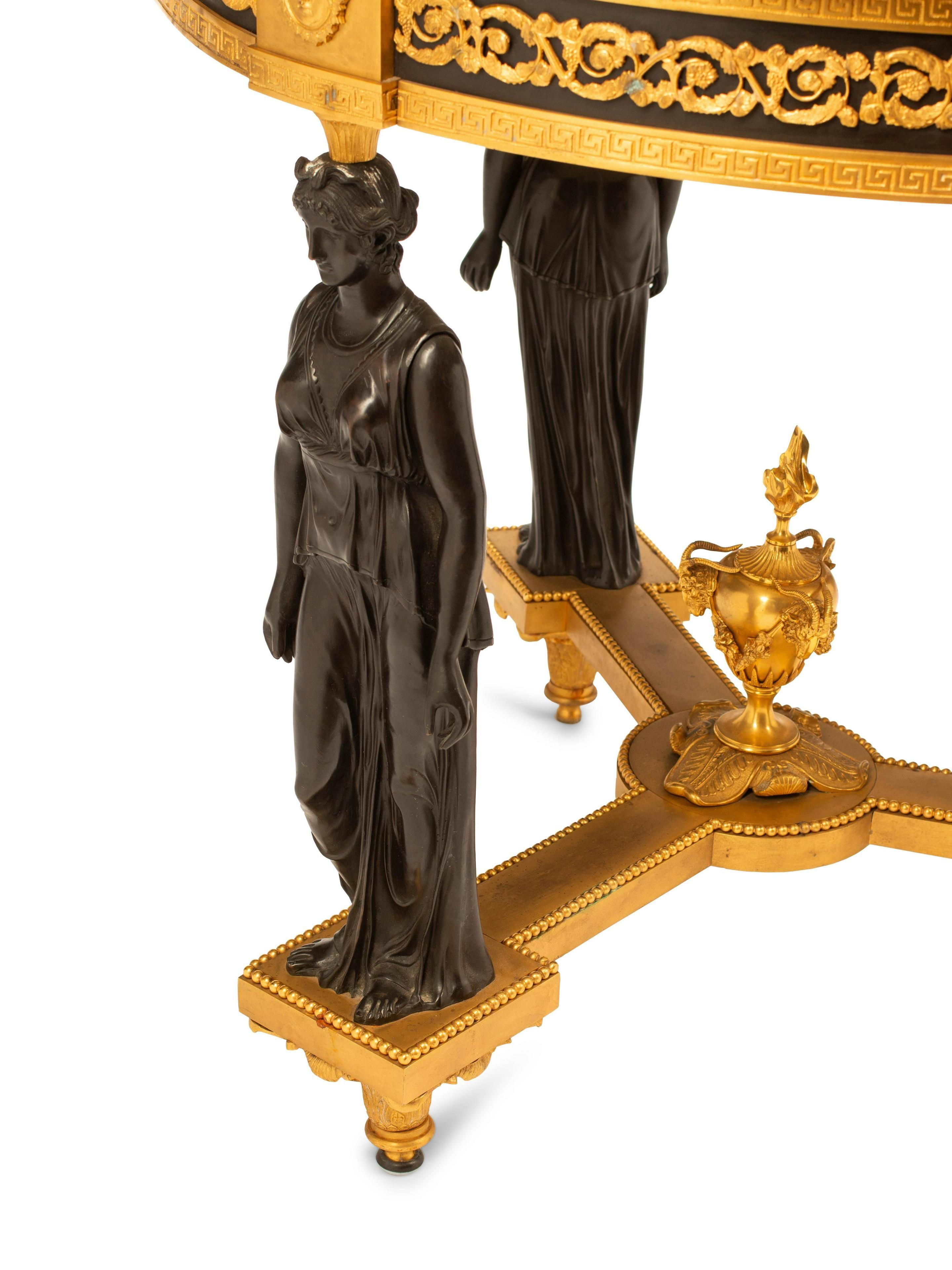 
The Following Item we are Offering is A Spectacular and Outstanding RARE MUSEUM QUALITY AUTHENTIC EUROPEAN DORE BRONZE  & MALACHITE TABLE. The Round Malachite Top with banded edge surmounting a conforming ebonized frieze raised on Three Bronze