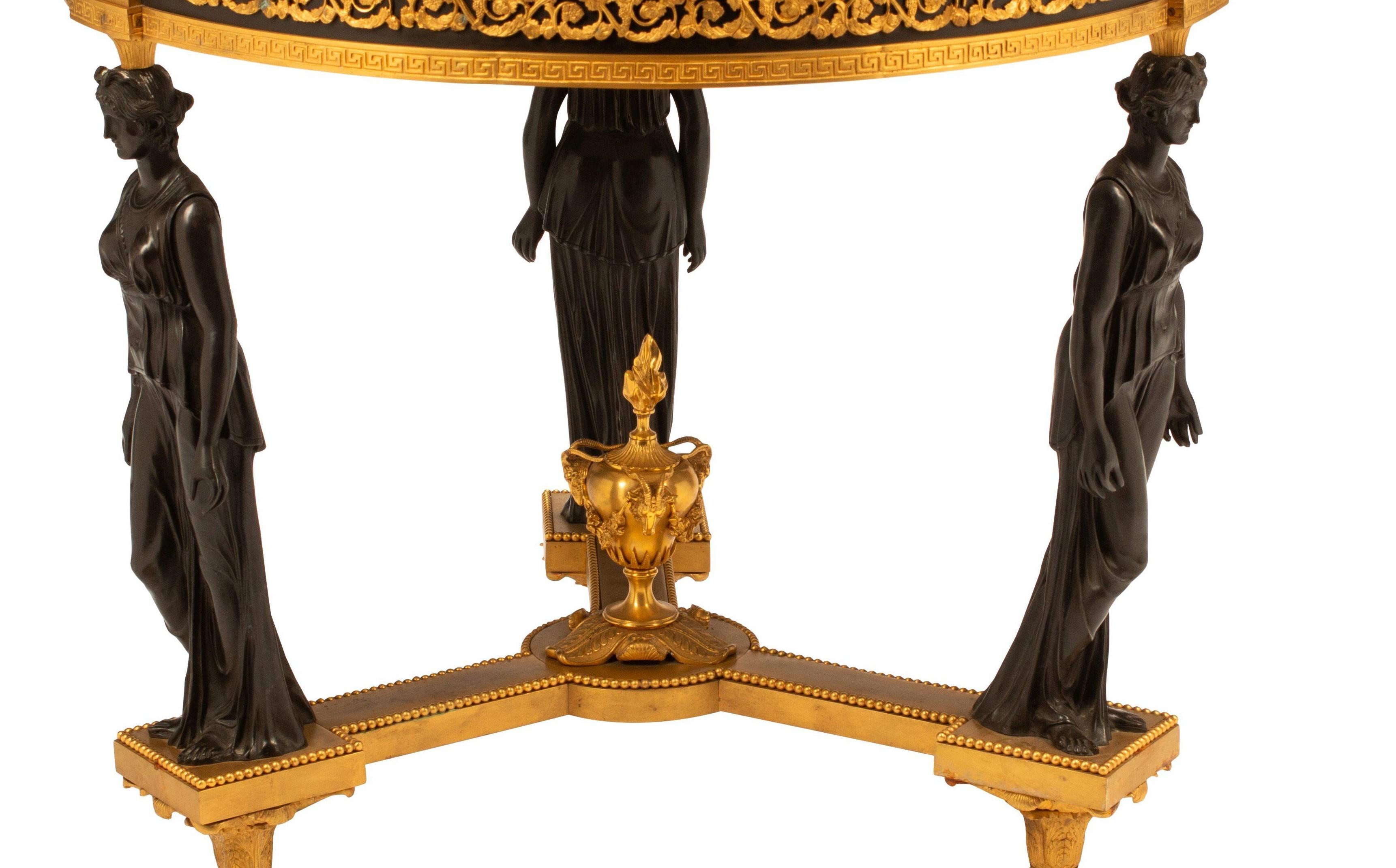 Round Cut Rare Museum Quality Estate Authentic Dore Bronze Three Graces Malachite Table For Sale