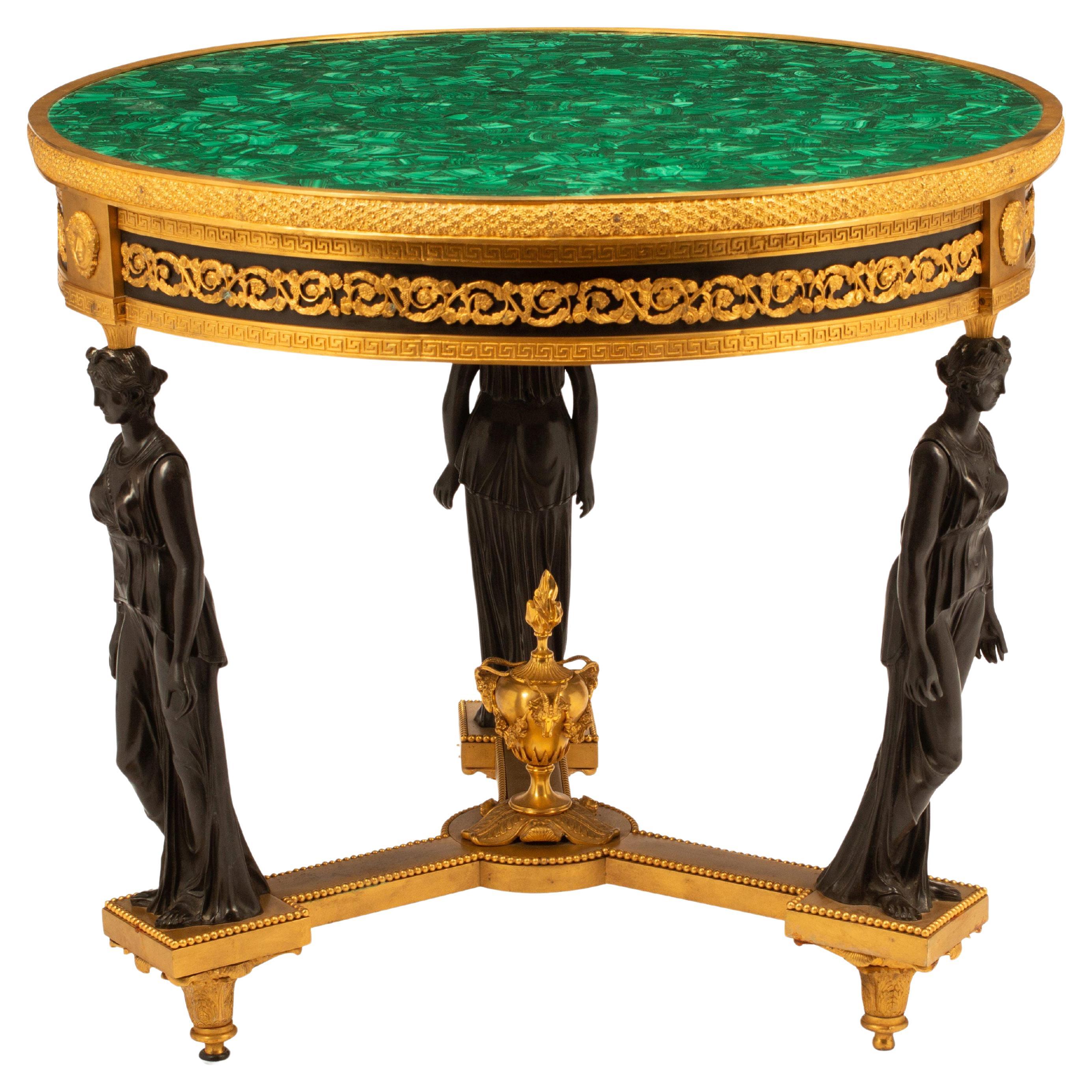 Rare Museum Quality Estate Authentic Dore Bronze Three Graces Malachite Table