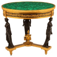 Rare table des trois Grâces en malachite dorée authentique de qualité musée