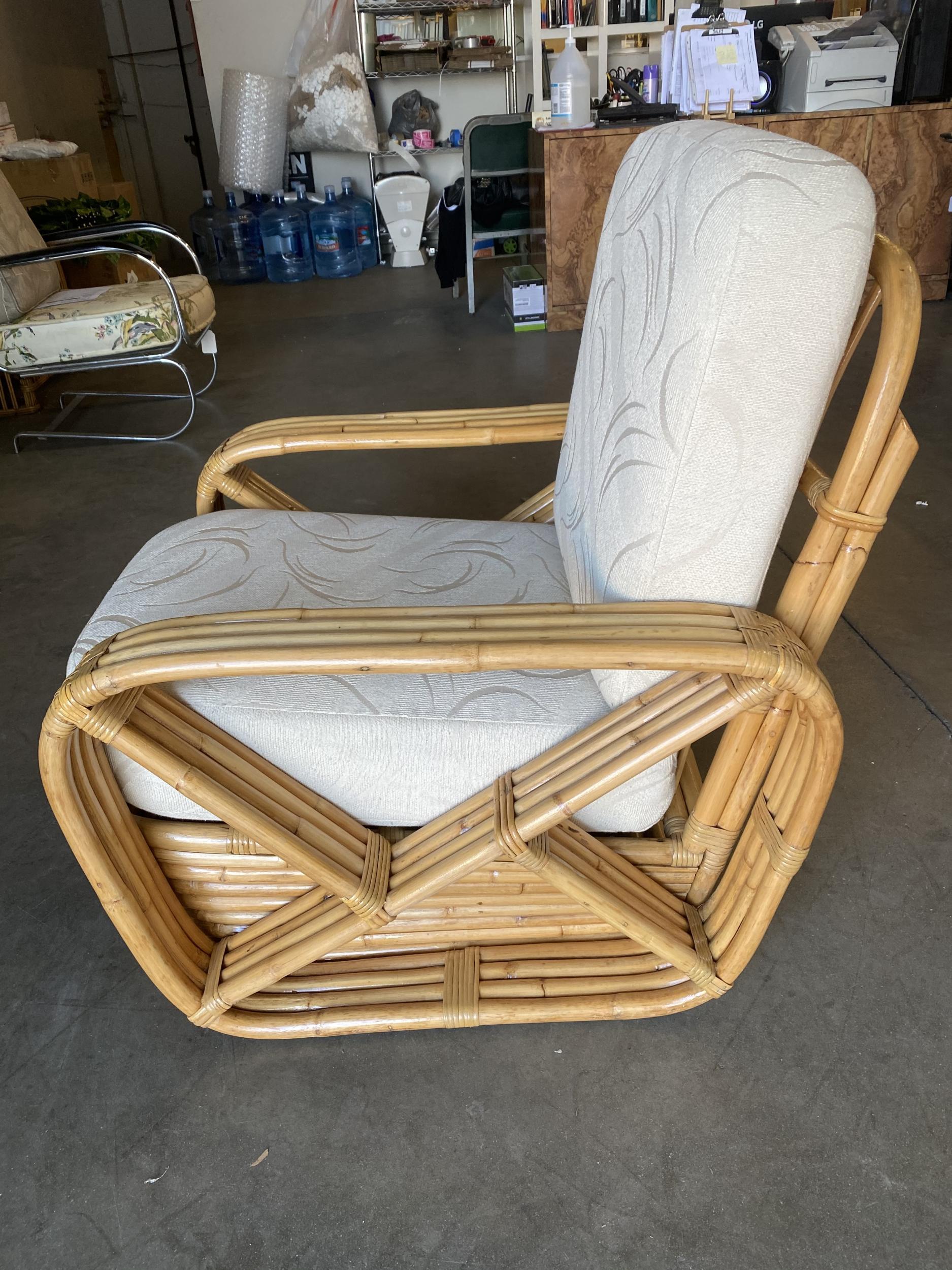 Paul Frankl four-strand square pretzel rattan arm lounge chair. This chair dates from 1934. This chair is a Paul Frankl original. This comes directly from a Paul Frankl decorated house located in Los Angeles and is documented.

Custom cushions