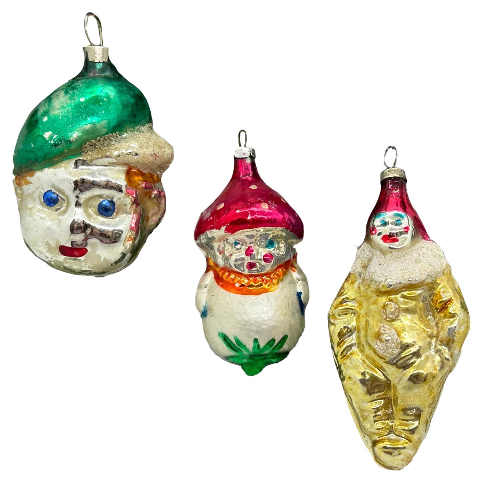 Rare Mushroom, Clown and Boy Head Christmas Ornament Vintage, 1930s