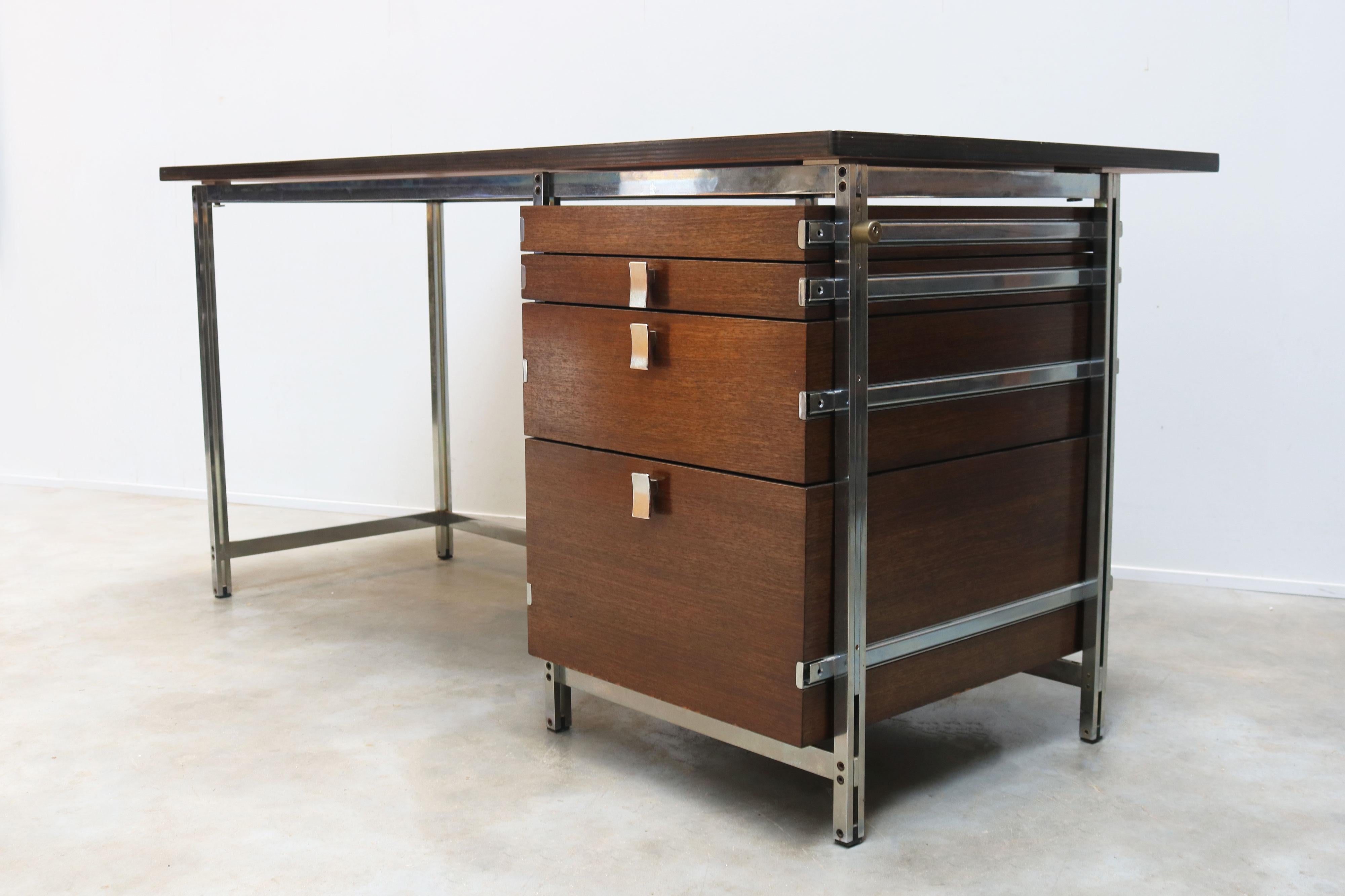 Chrome Rare Mutenyé wood design desk by Jules Wabbes for Mobilier Universel 1960 For Sale