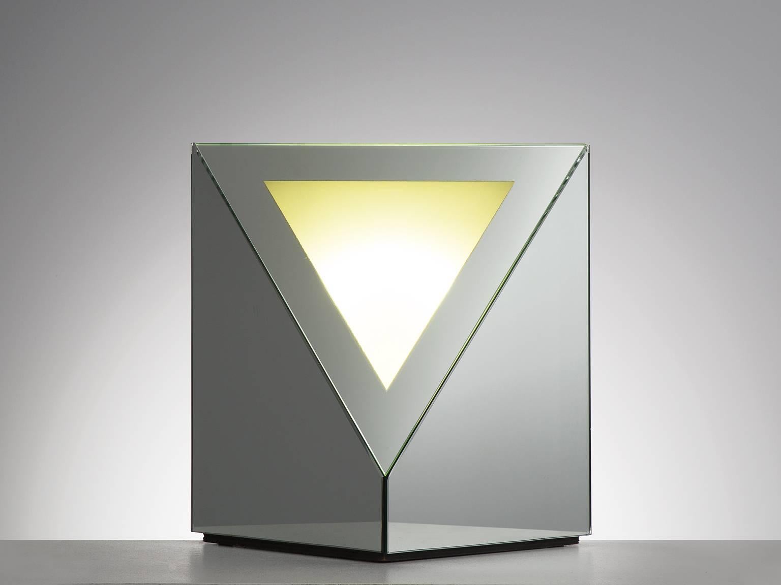 Nanda Vigo, table lamp 'Trigger of the Space', mirror, glass, Italy, 1974.

This lamp and sculpture is designed by Nanda Vigo. The piece, titled 'Trigger of Space' is a design that is quintessential for Vigo. It features geometric, minimalist