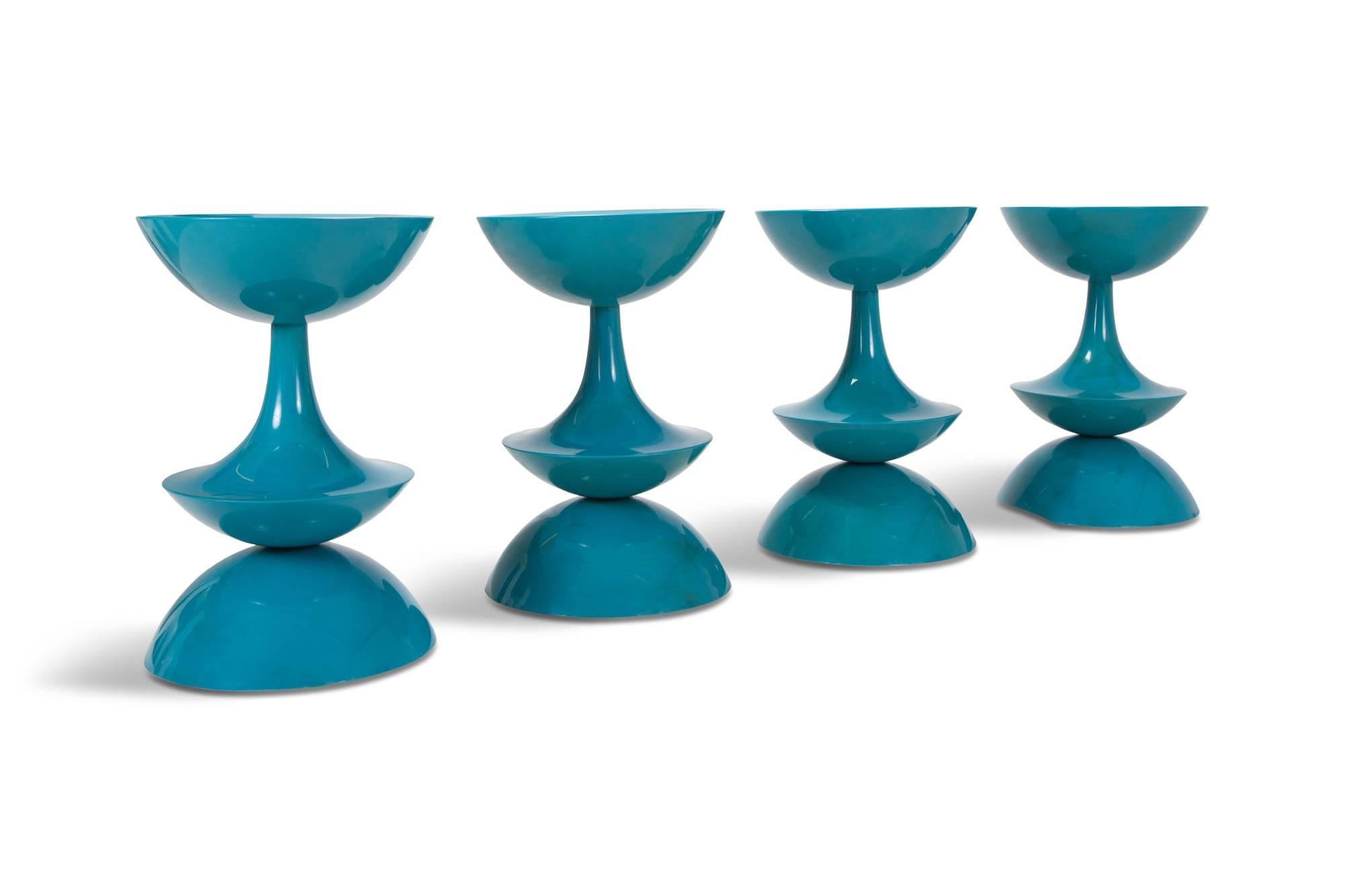 Blue set of four colored fibreglass bar stools: Model No. OD 5321 by Danish designer Nanna Ditzel.
These stools where made for Domus Danica (circa 1969) and only produced in limited numbers. The chairs have a very modern and futuristic appearance