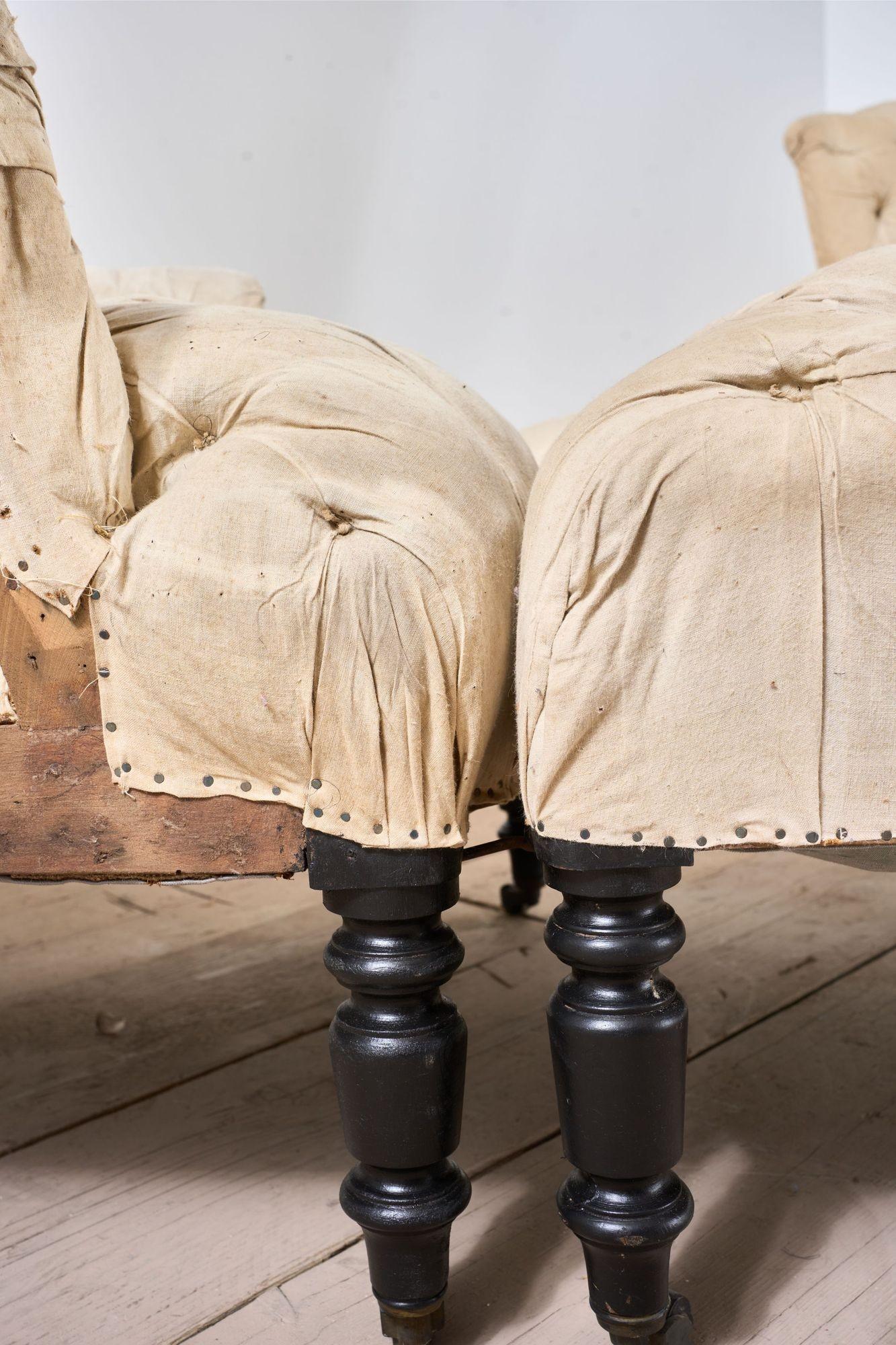 Rare Napoleon III pair of Buttoned back and seat armchairs with matching stool In Excellent Condition For Sale In Malton, GB
