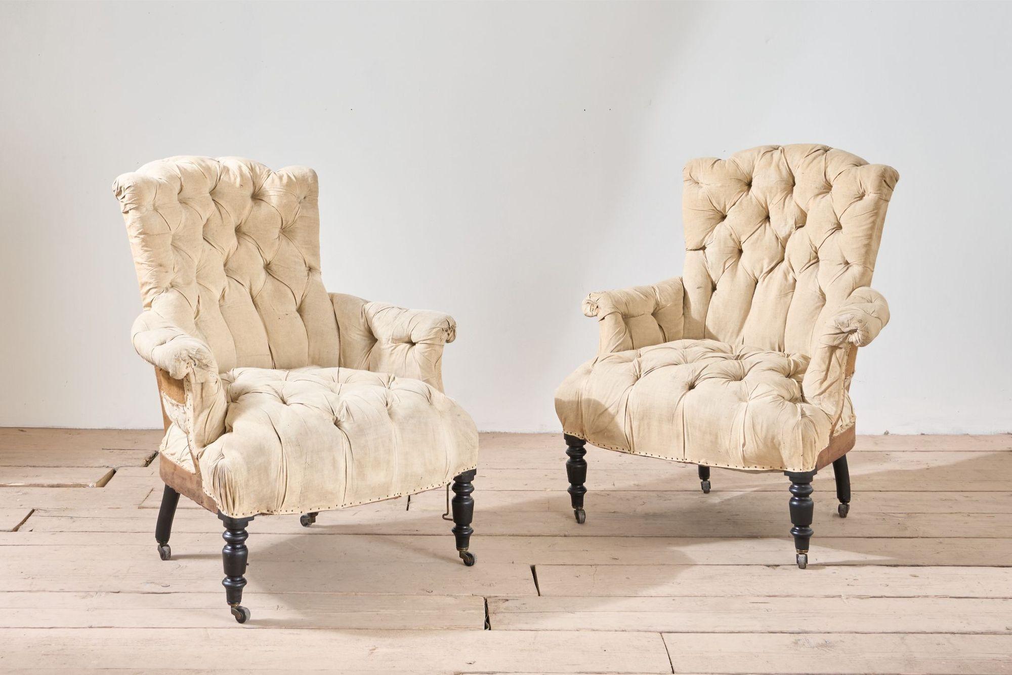 Beech Rare Napoleon III pair of Buttoned back and seat armchairs with matching stool For Sale
