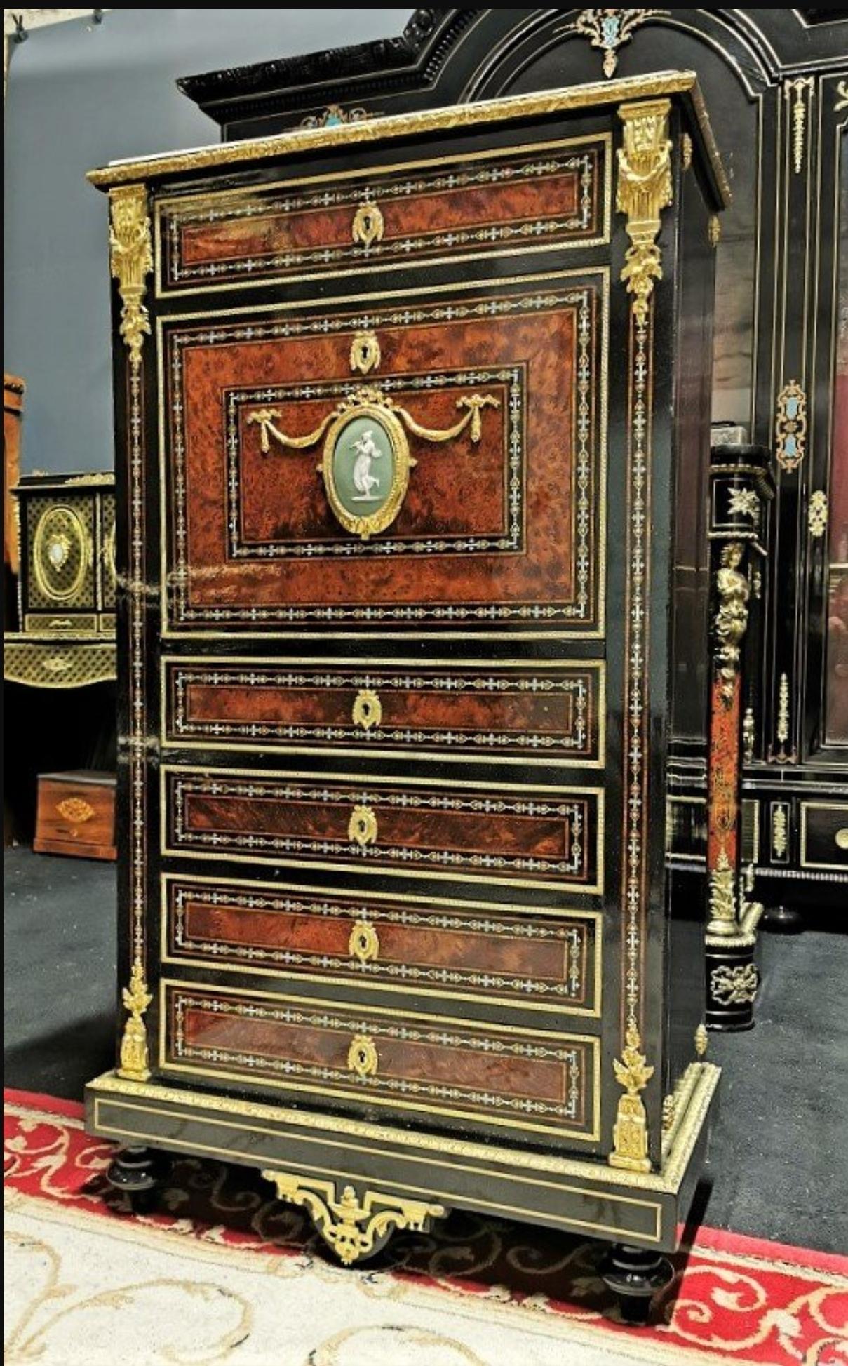 Rare, unique Napoleon III secretary cabinet with a beautiful Wedgwood porcelain medallion and Boulle style marquetry of brass, fruitwood and mother of pearl, so-called 