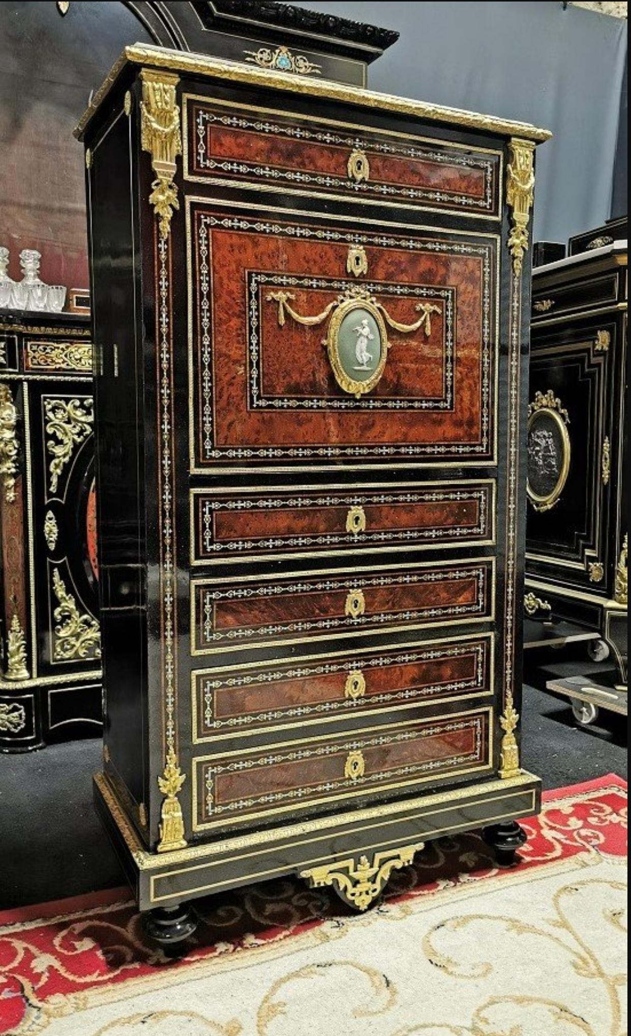 French Rare Napoleon III Wedgewood and Boulle Marquetry Secretary Cabinet, France