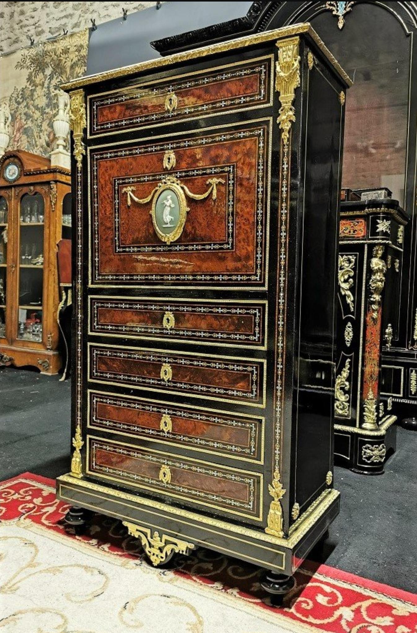 Blackened Rare Napoleon III Wedgewood and Boulle Marquetry Secretary Cabinet, France