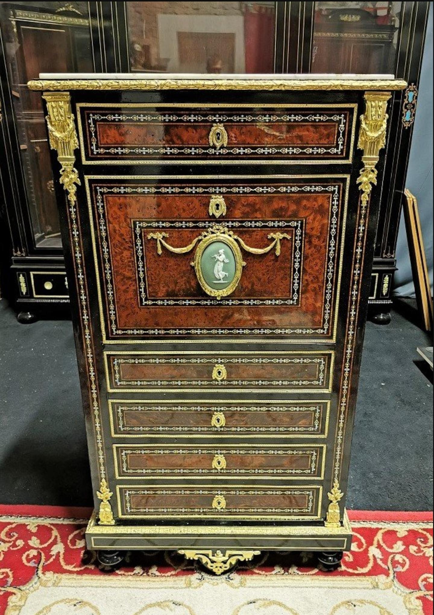 19th Century Rare Napoleon III Wedgewood and Boulle Marquetry Secretary Cabinet, France