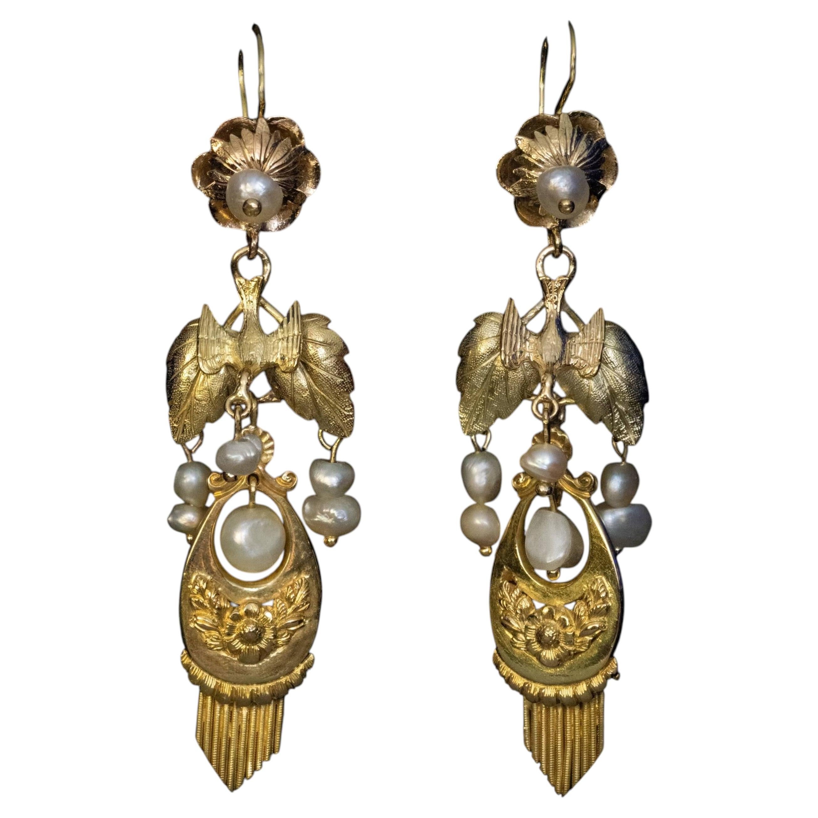 Rari orecchini pendenti in oro e perle dell'epoca napoleonica - Rif.: 491632