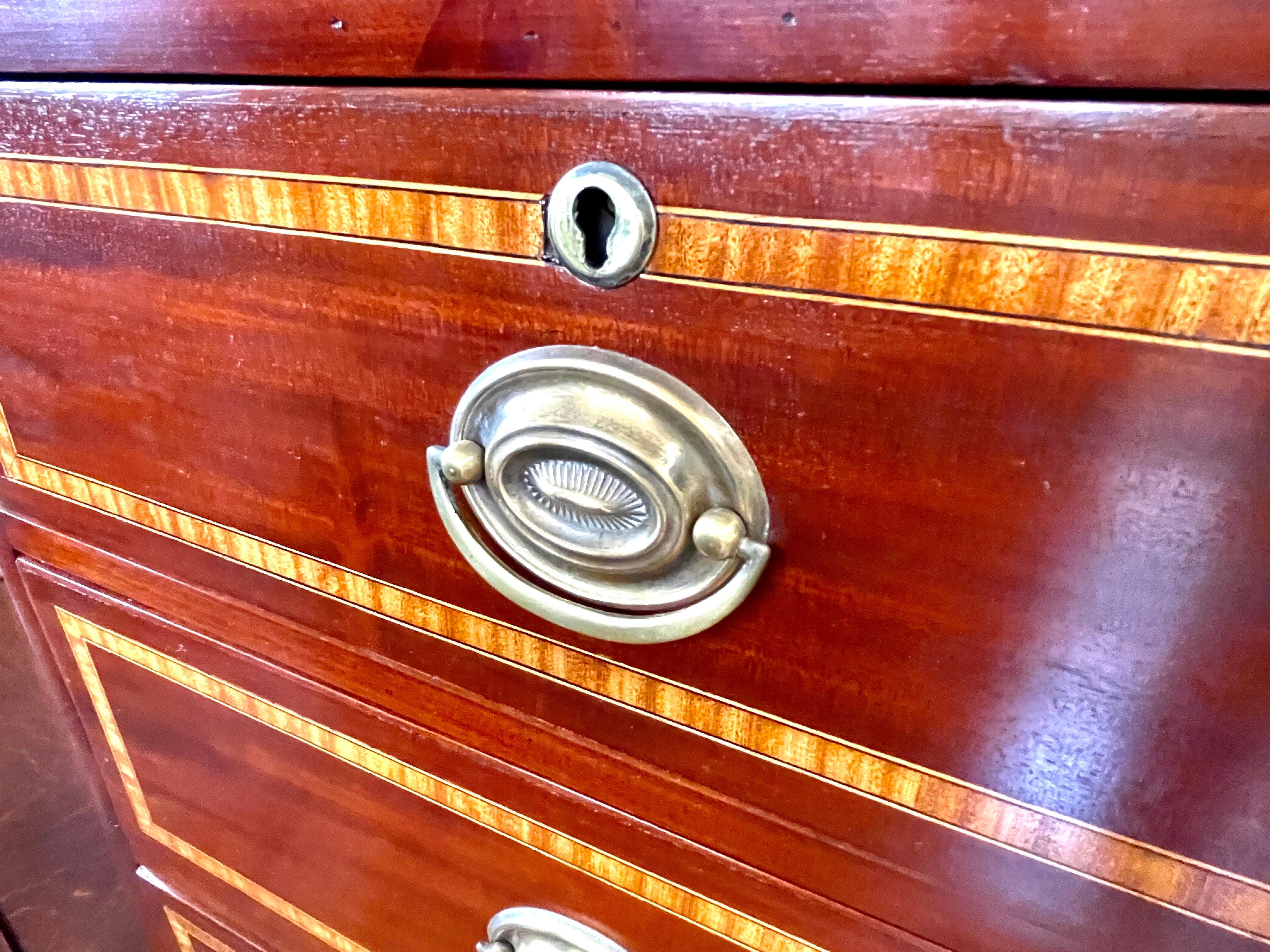 Rare Narrow Antique English Geo.IV Inlaid Flame Mahogany 2 over 3 Chest of Dwrs For Sale 5