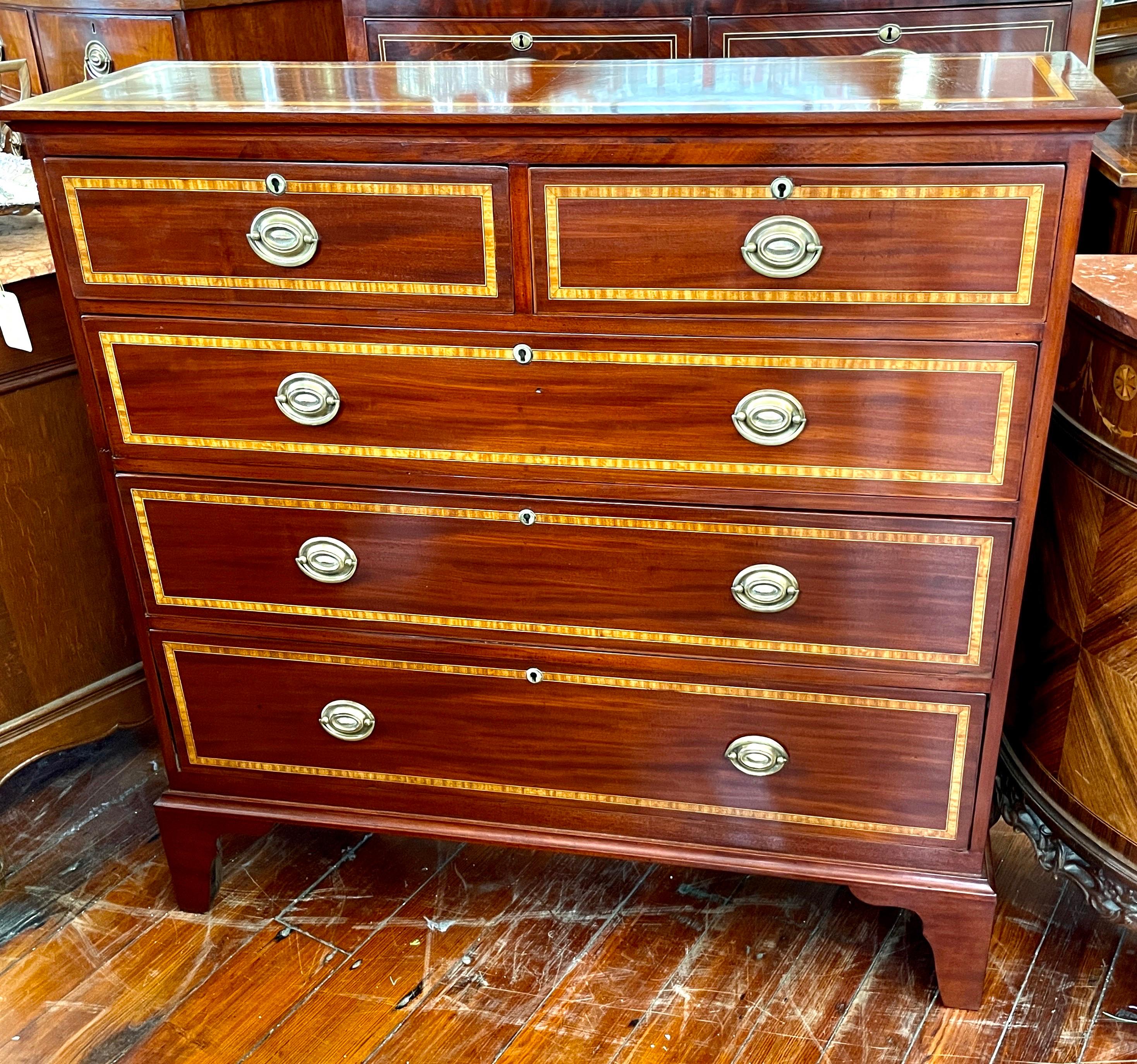 George IV Rare Narrow Antique English Geo.IV Inlaid Flame Mahogany 2 over 3 Chest of Dwrs For Sale