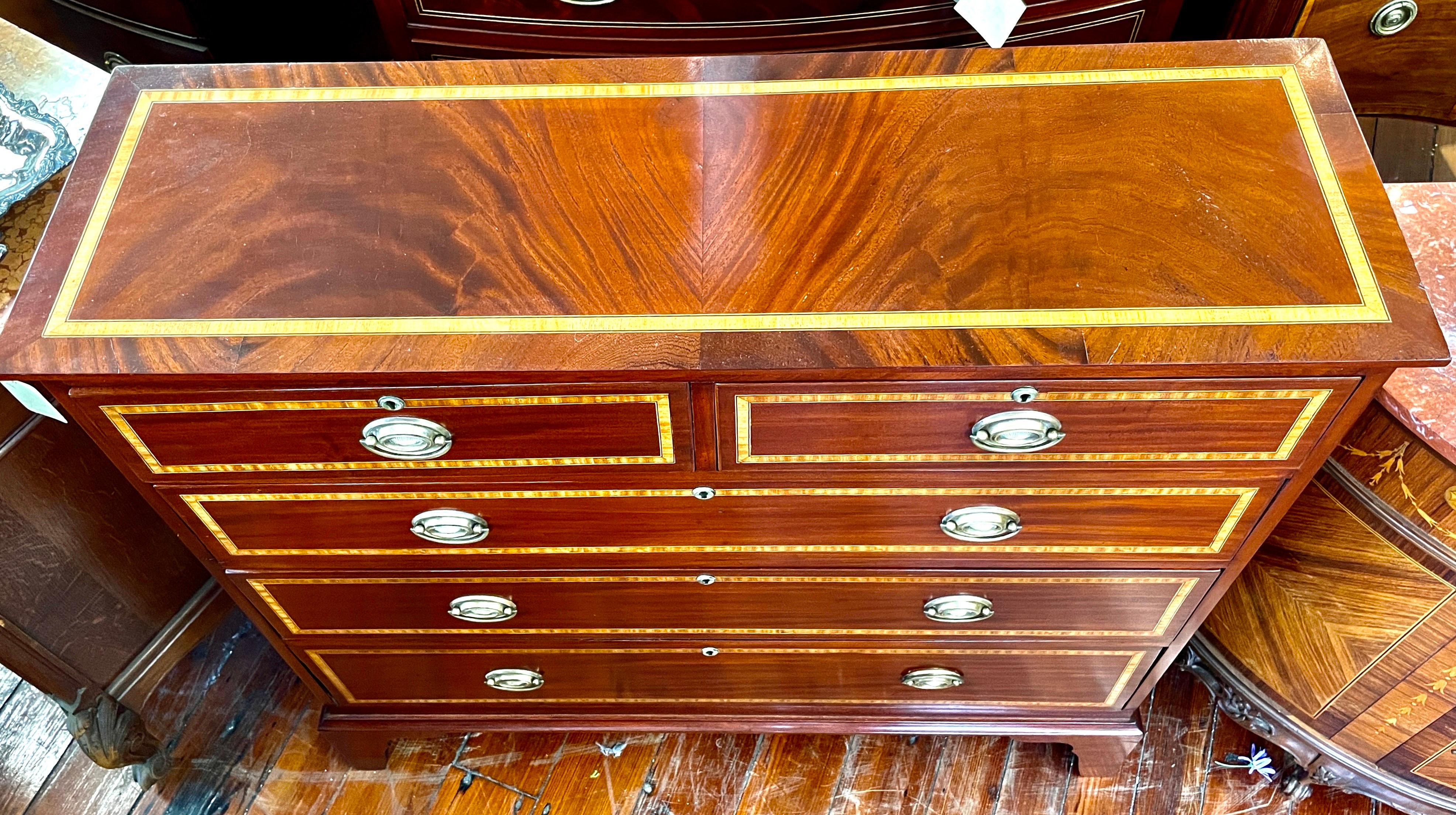 Hand-Crafted Rare Narrow Antique English Geo.IV Inlaid Flame Mahogany 2 over 3 Chest of Dwrs For Sale