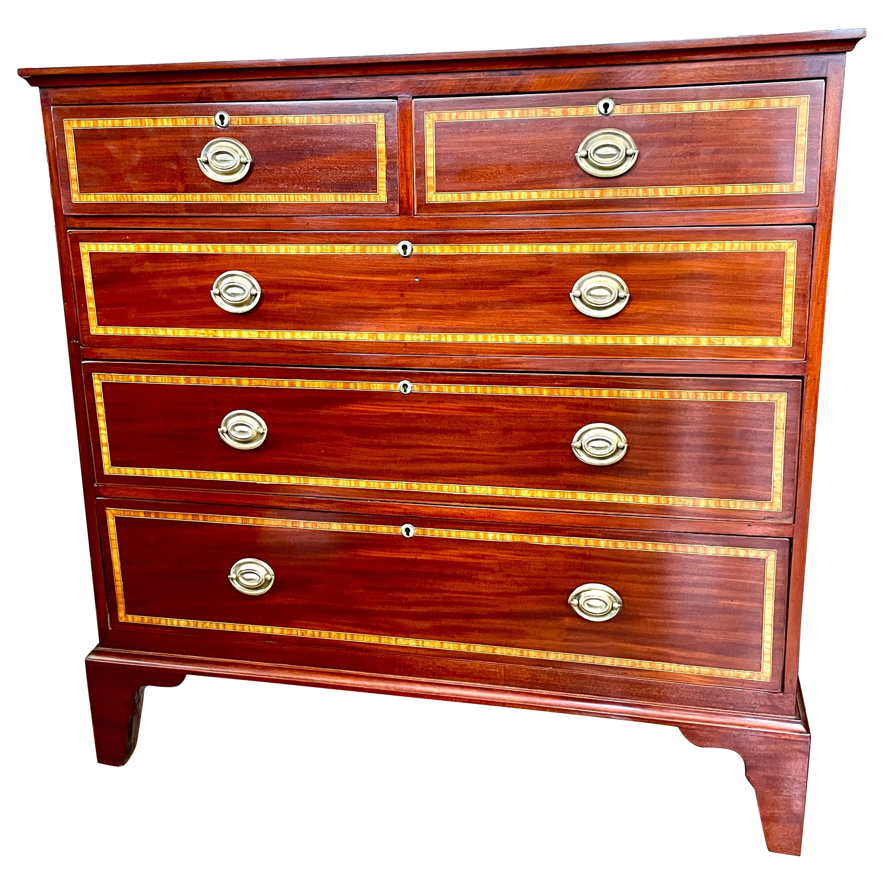 Rare Narrow Antique English Geo.IV Inlaid Flame Mahogany 2 over 3 Chest of Dwrs